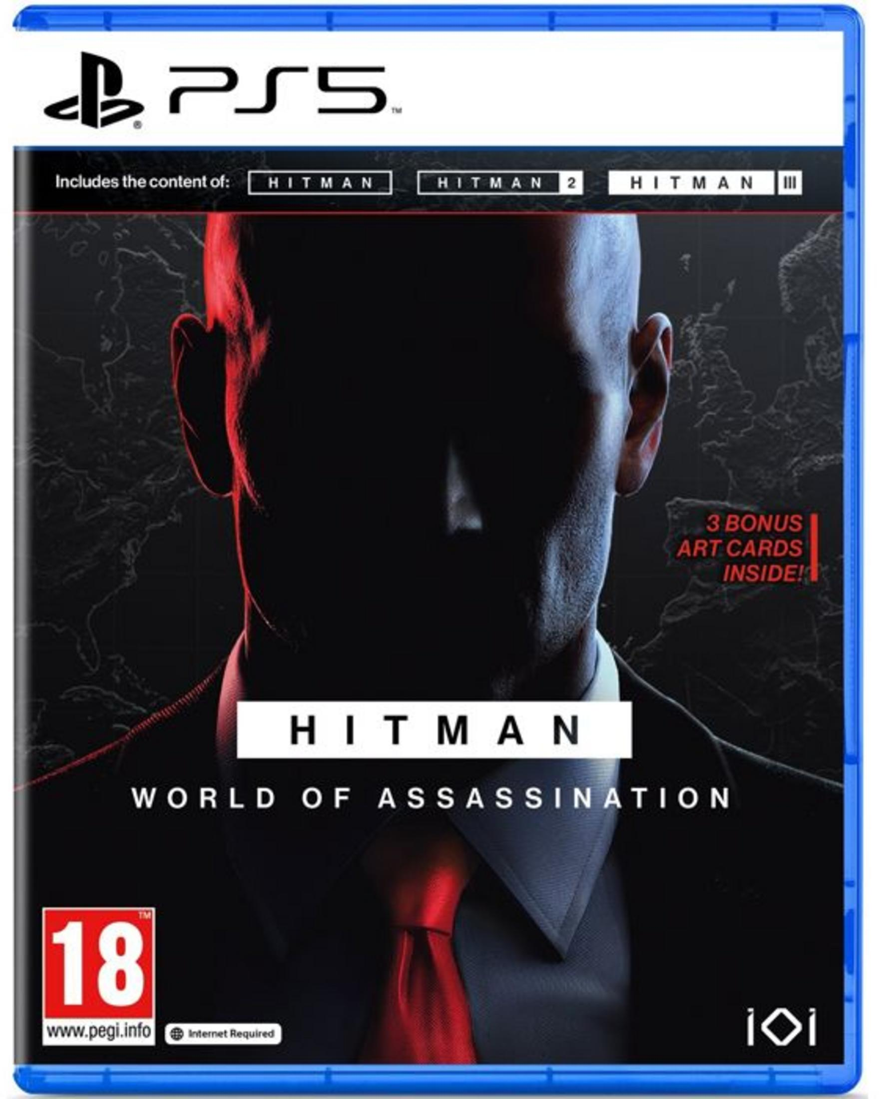 Custodia PS5 Hitman World of Assassination con un uomo in abito e cravatta rossa.