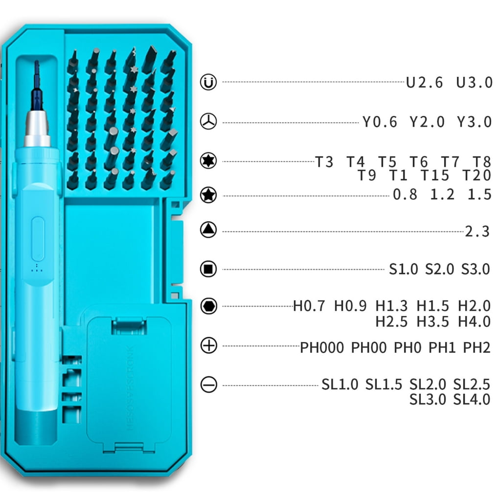 Ein blaues Etui mit einem Schraubendreher und vielen Bits. Die Bits sind nach Typ und Größe aufgeführt.