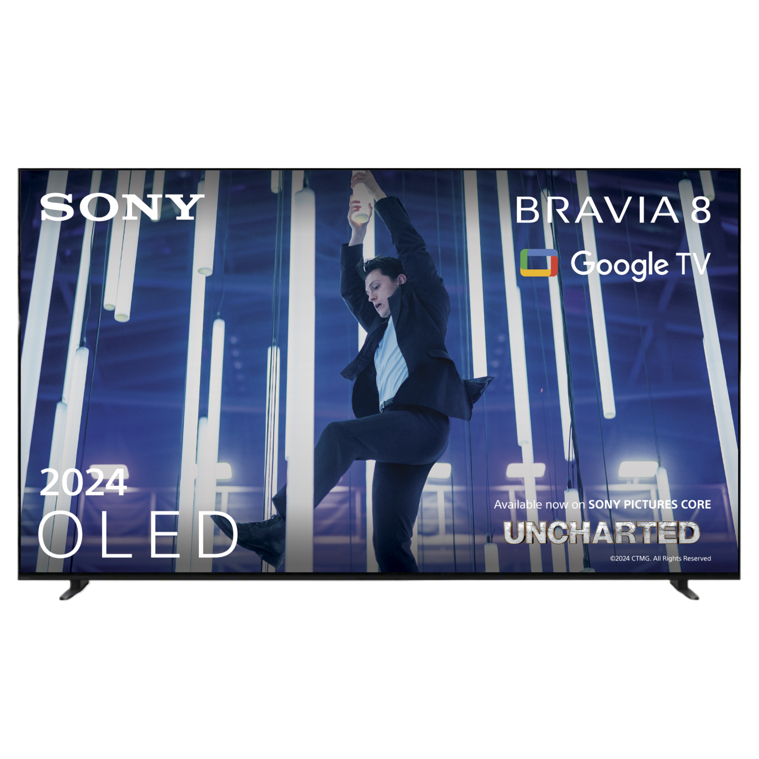 Sony BRAVIA 8 2024 OLED TV mit einem Mann, der an Seilen hängt.
