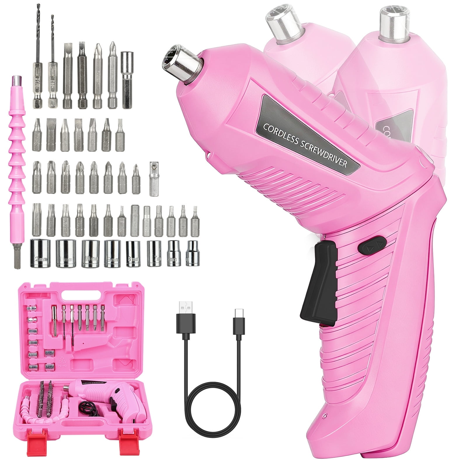 Ein pinker Akkuschrauber mit vielen Bits und einer Aufbewahrungsbox.