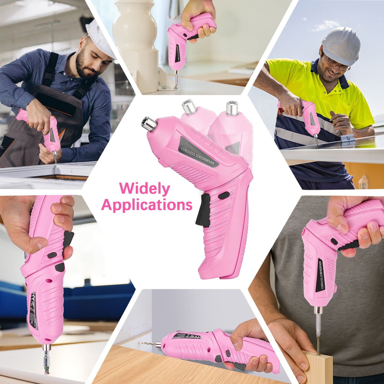 Ein pinker Akkuschrauber wird für verschiedene Aufgaben verwendet.