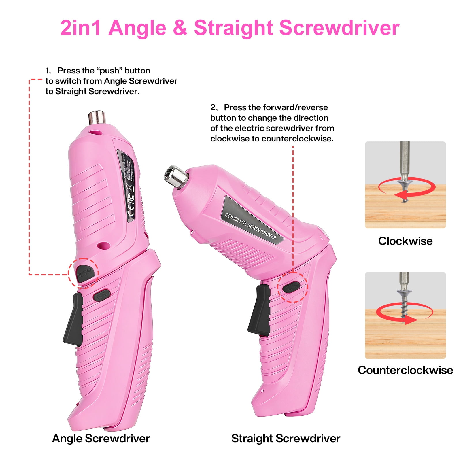Zwei pinke Akkuschrauber: einer im Winkelmodus, einer gerade. Anleitungen.