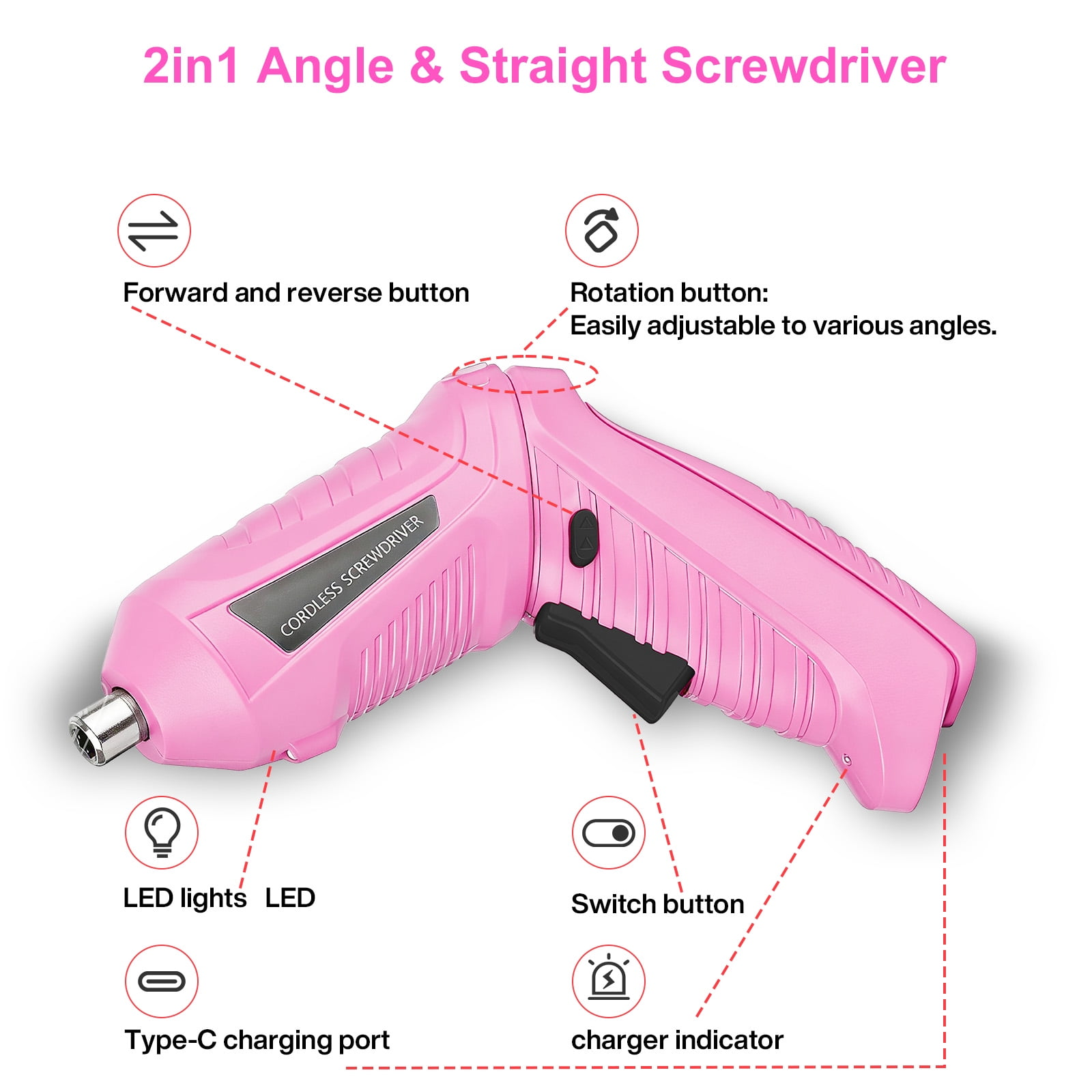 Ein pinker Akkuschrauber mit Beschriftungen für Vor-/Rückwärtslauf, LED, USB-C und mehr.
