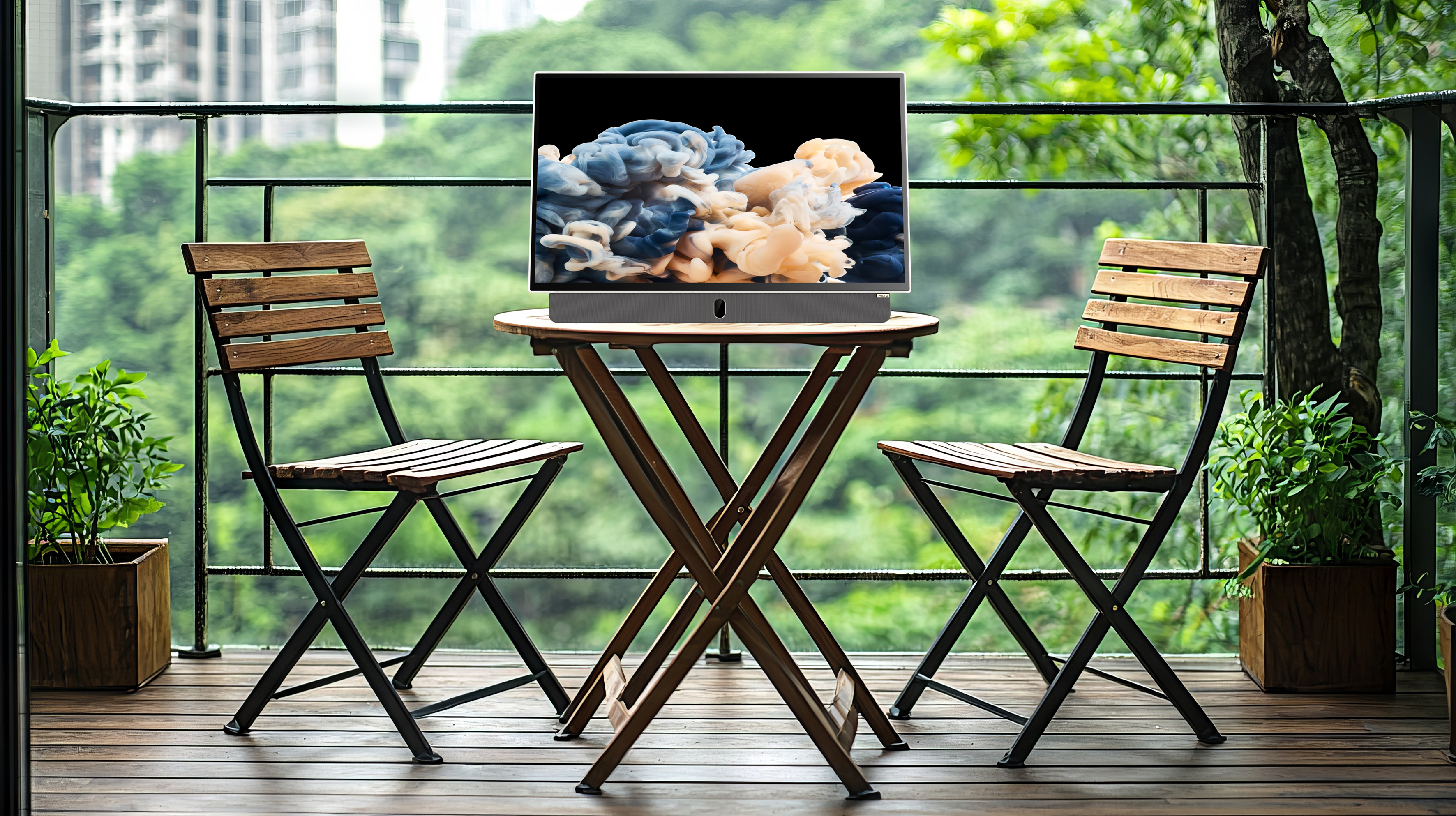 Okrągły stół z monitorem, dwa drewniane krzesła na zielonym balkonie.