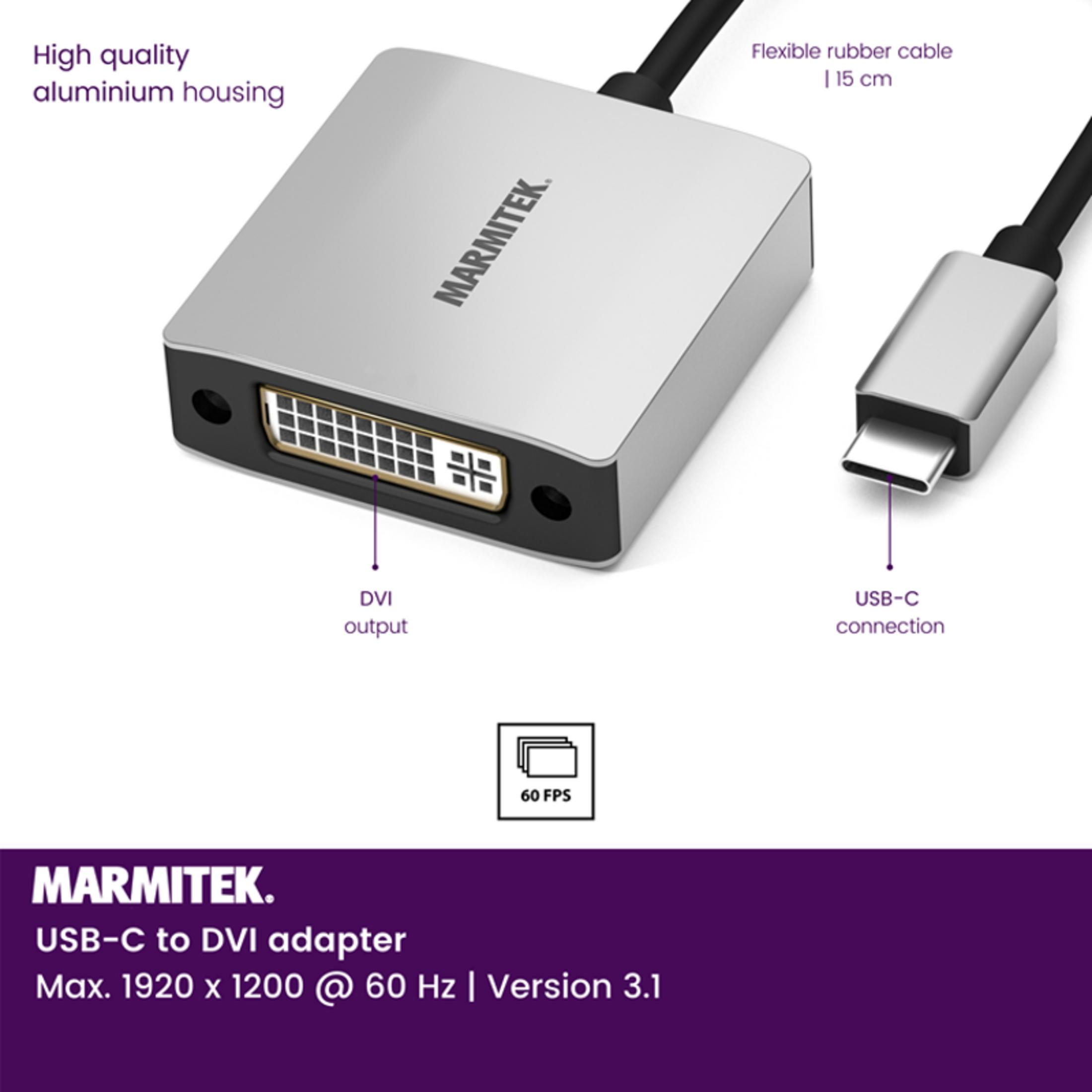 Marmitek USB-C zu DVI Adapter mit Aluminiumgehäuse und flexiblem Kabel.