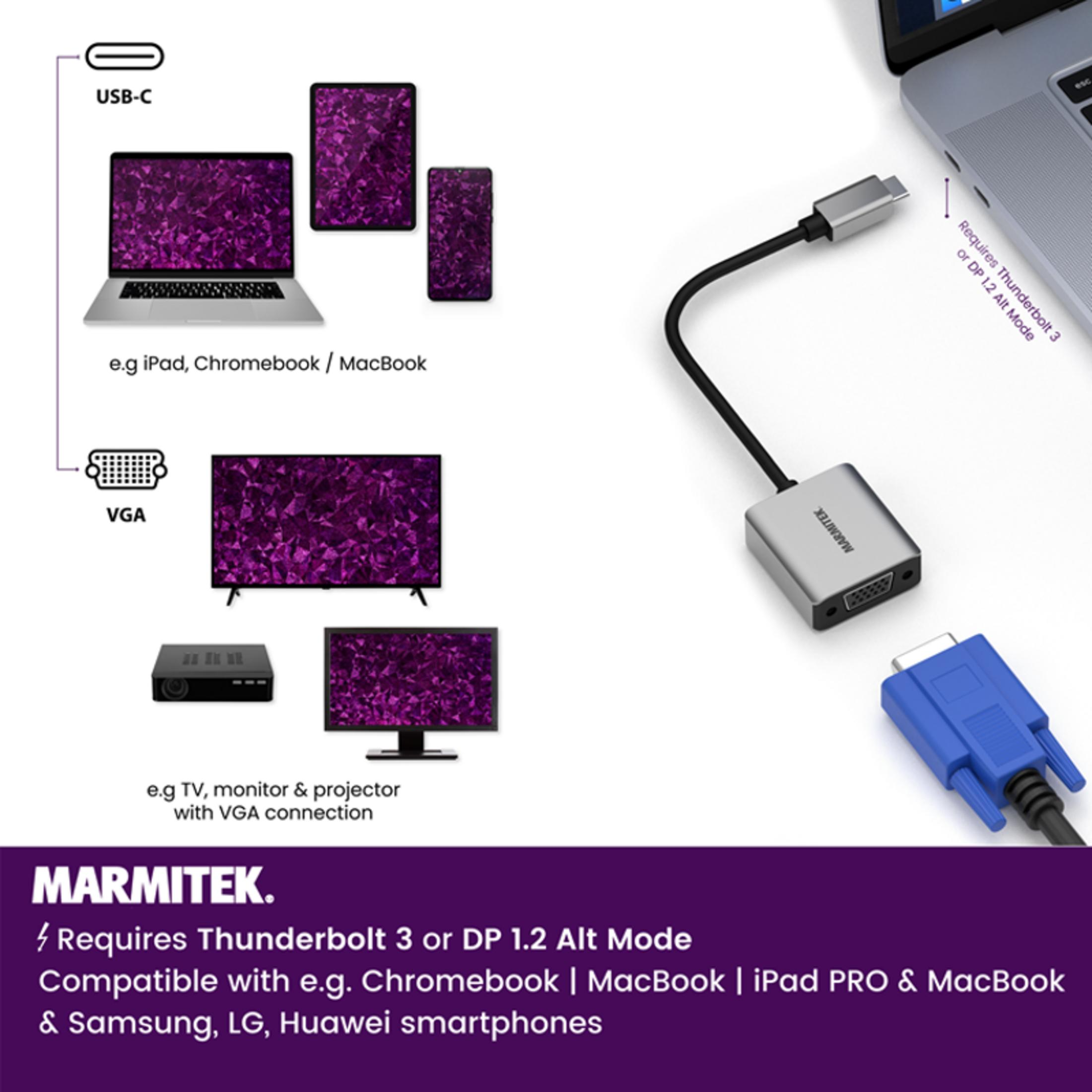 Adattatore da USB-C a VGA con laptop, tablet, telefoni e monitor.