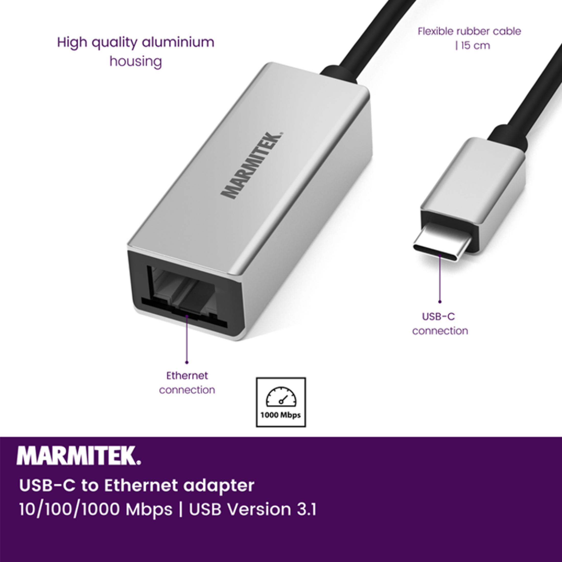 Marmitek USB-C auf Ethernet Adapter mit 1000 Mbps, Aluminiumgehäuse, flexibel.