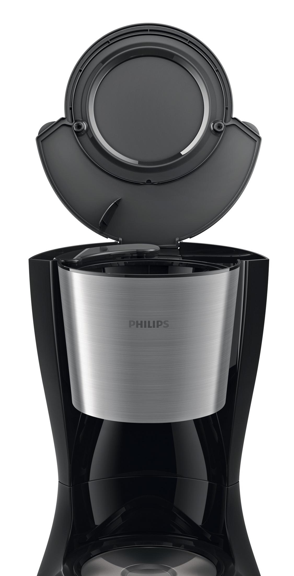 Czarny ekspres do kawy Philips z otwartą pokrywą, pokazujący srebrny zbiornik na wodę.