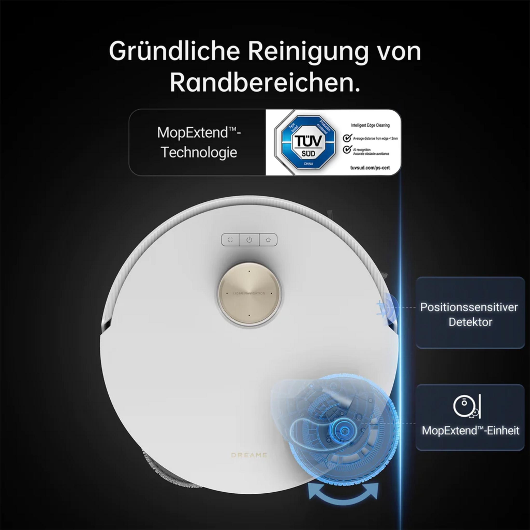 Ein weißer Saugroboter mit blauen Elementen, der Kanten reinigt.