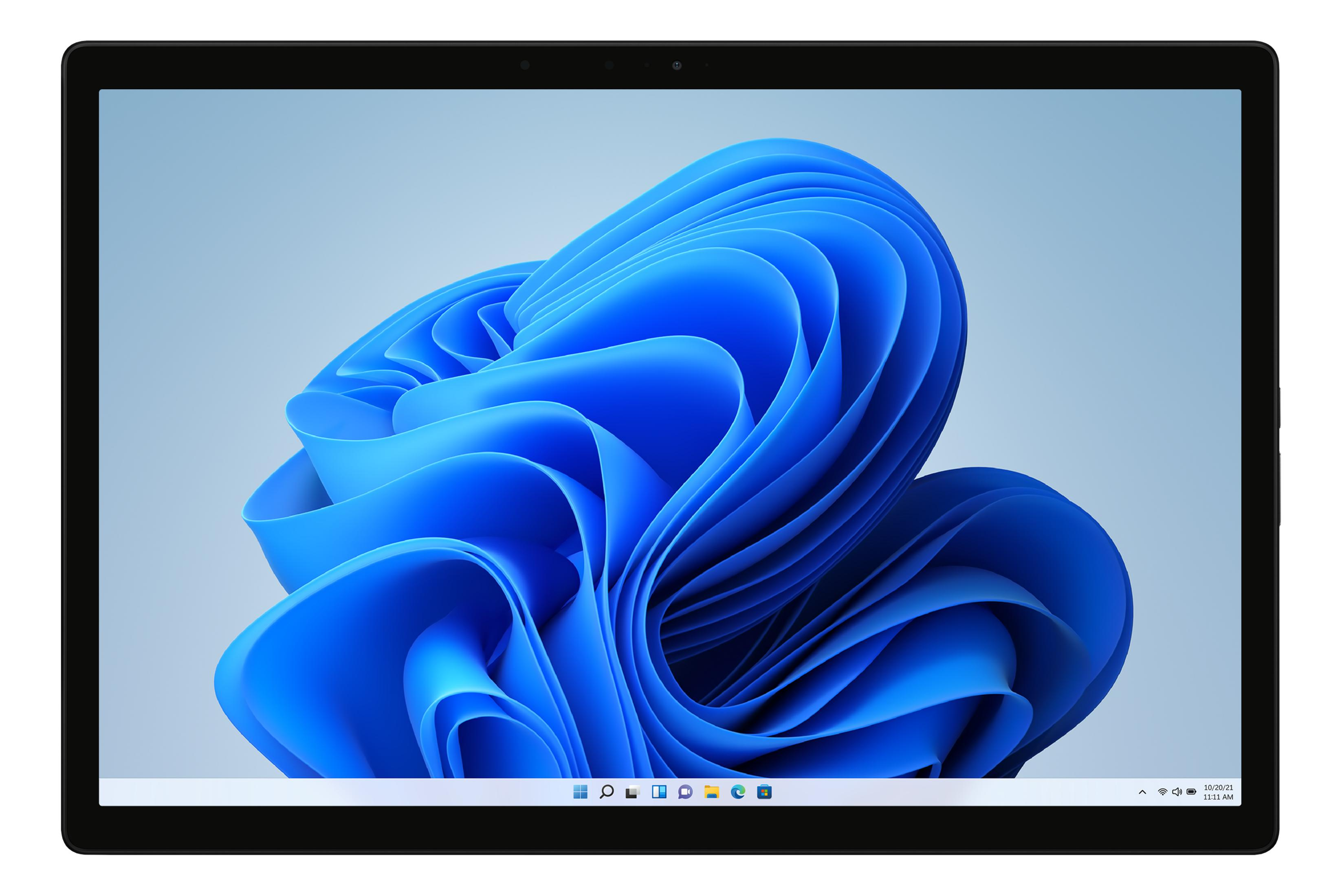 Een laptop toont het Windows 11-achtergrond met blauwe golven.