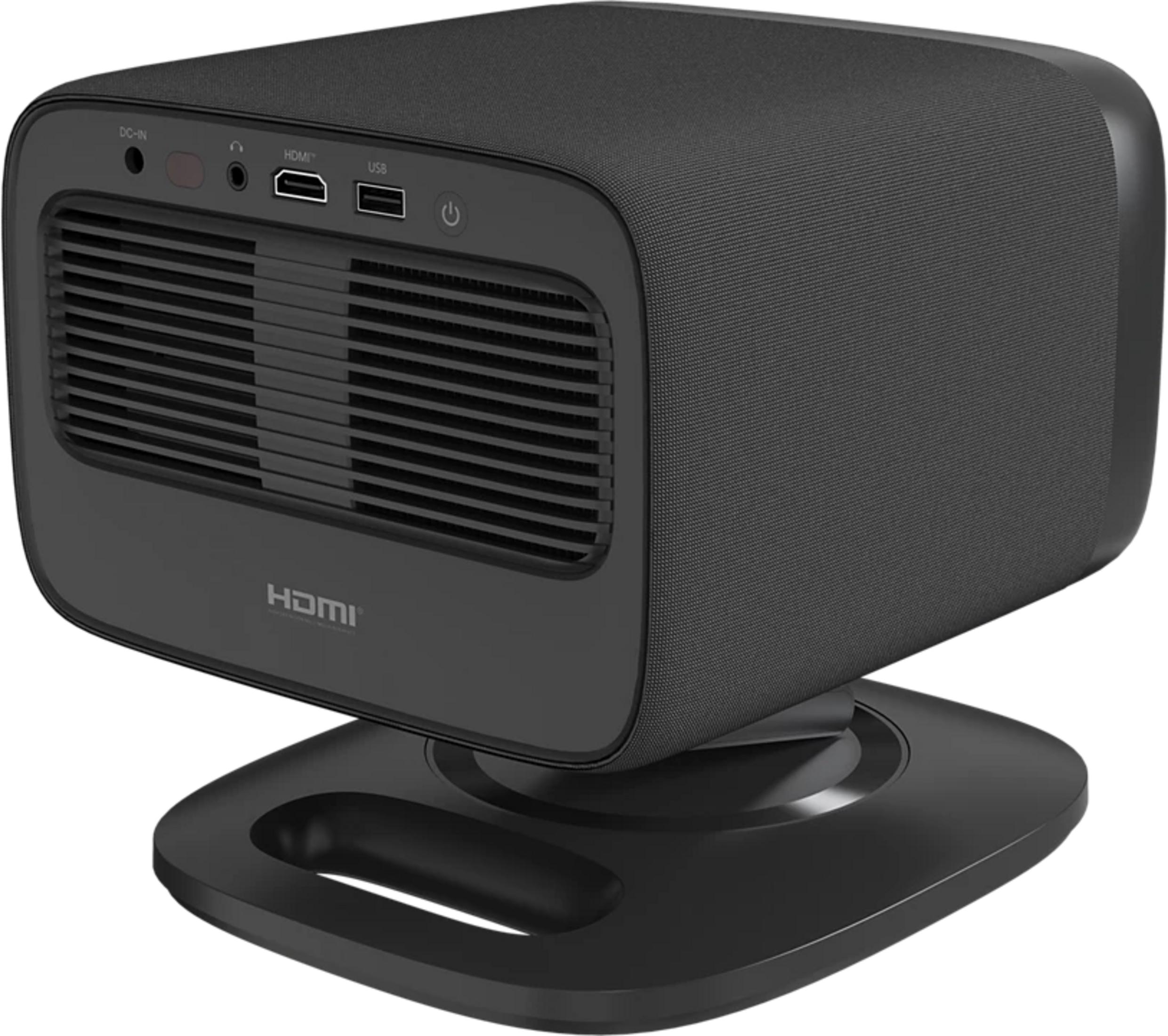 A black projector with HDMI, USB ports, and a power button on a stand.
