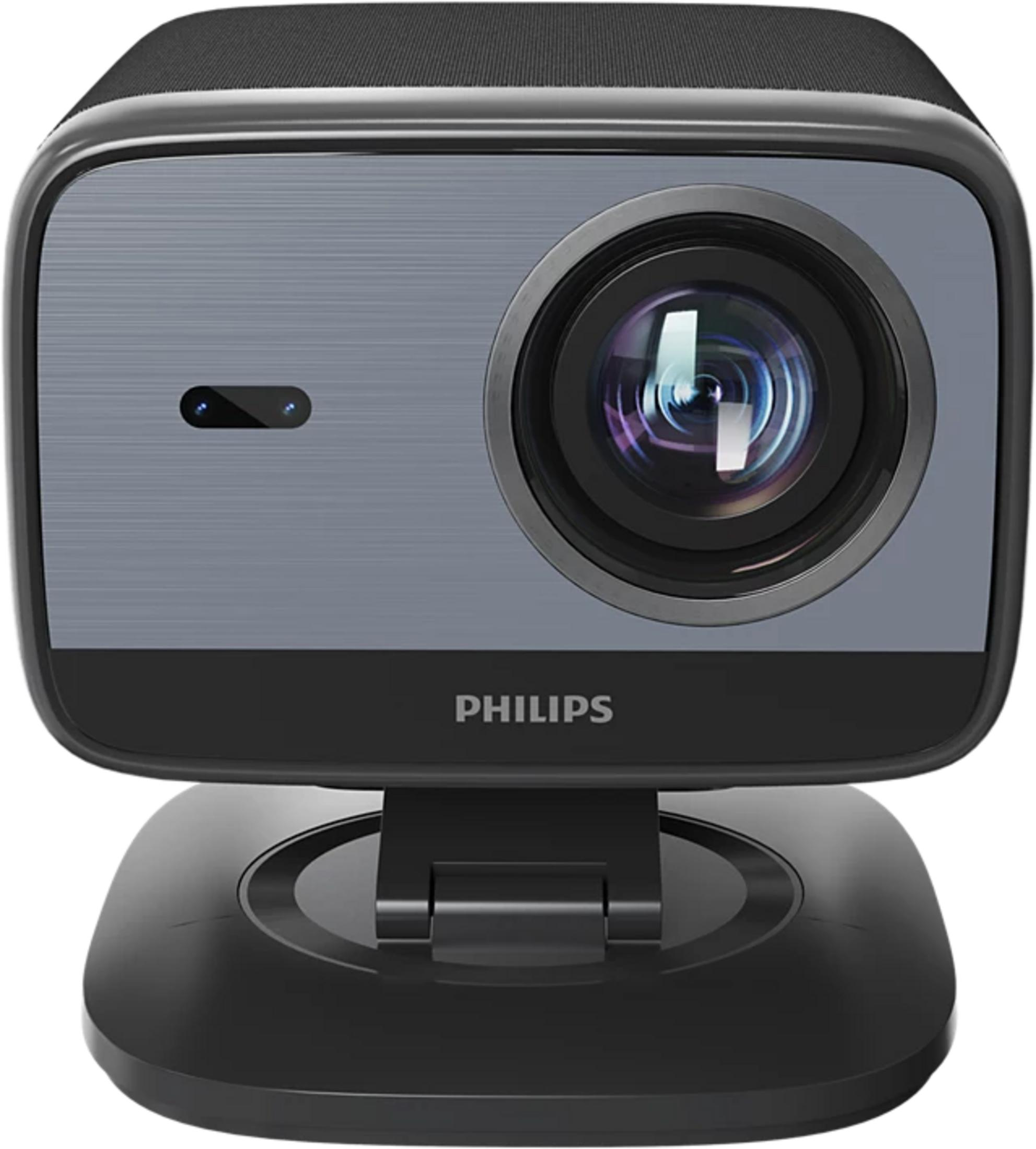 Black Philips projector with lens and stand.