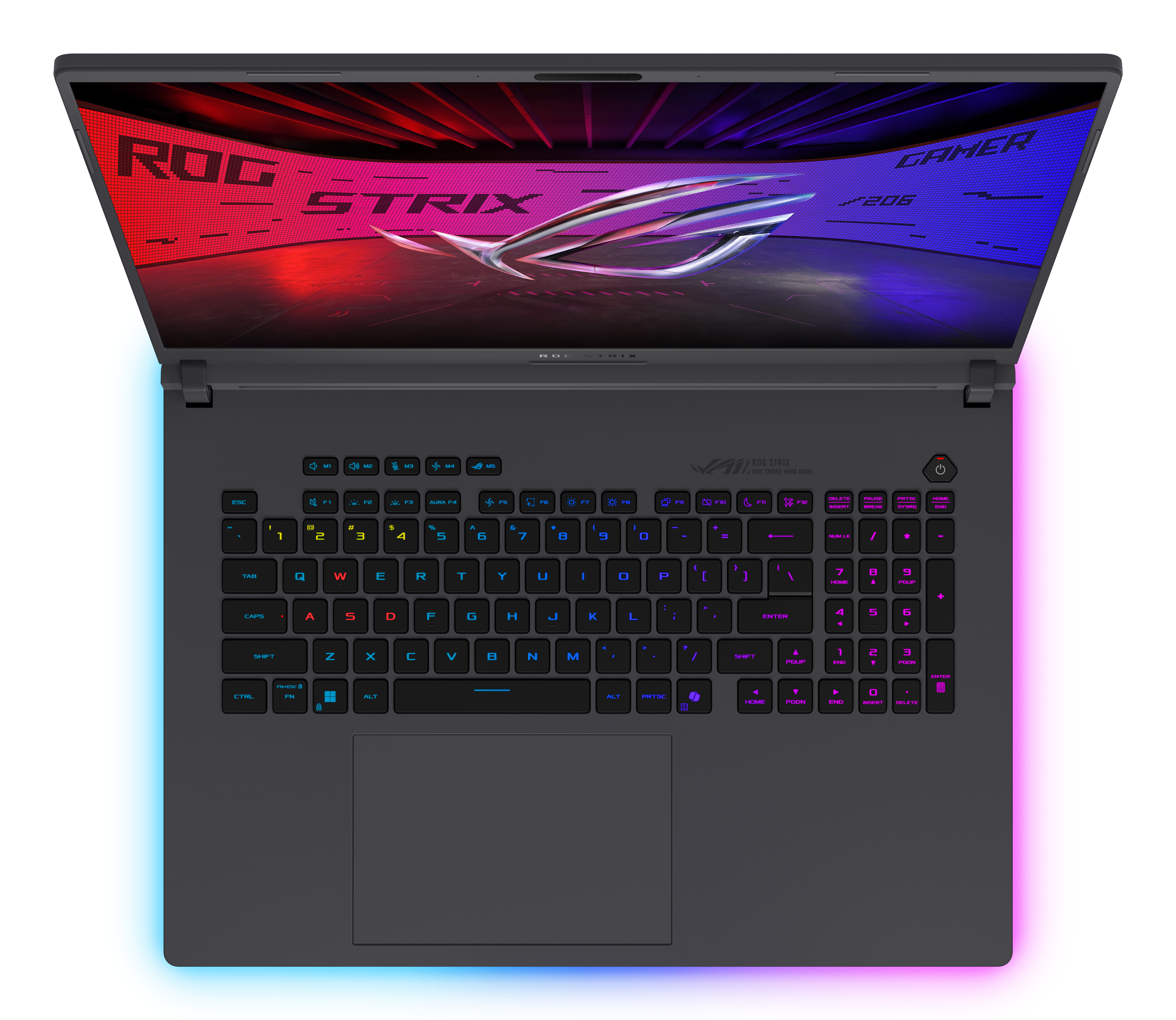 Een donkere laptop met verlicht toetsenbord en scherm, met ROG STRIX.