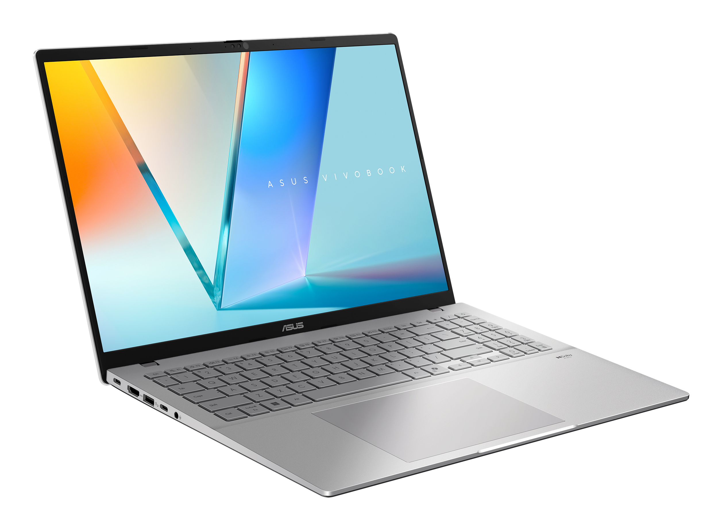 Un laptop Asus Vivobook argento con tastiera retroilluminata e sfondo blu-giallo.