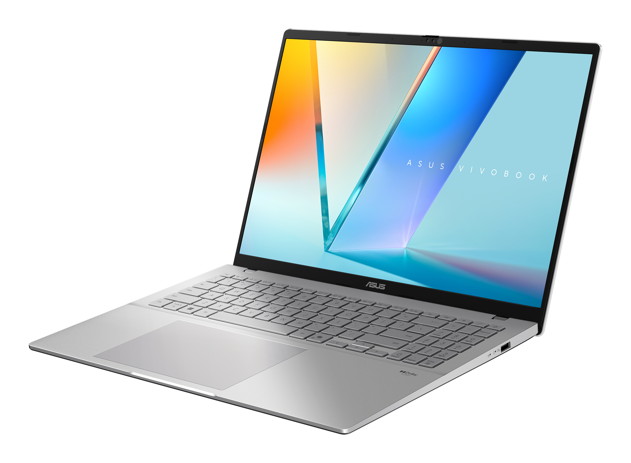 Un laptop Asus Vivobook argentato su sfondo bianco.