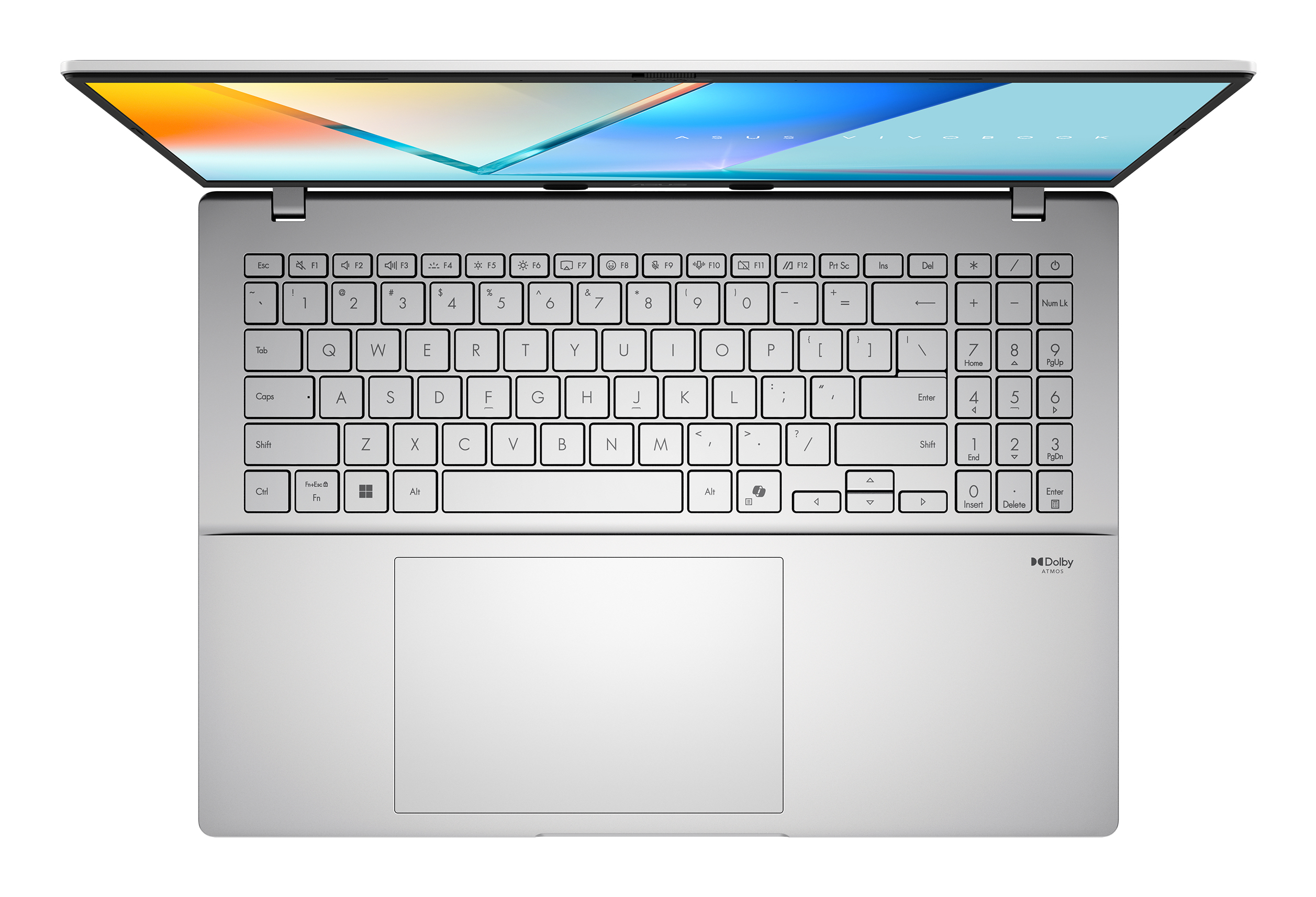 Un laptop argentato aperto con uno sfondo colorato sullo schermo.