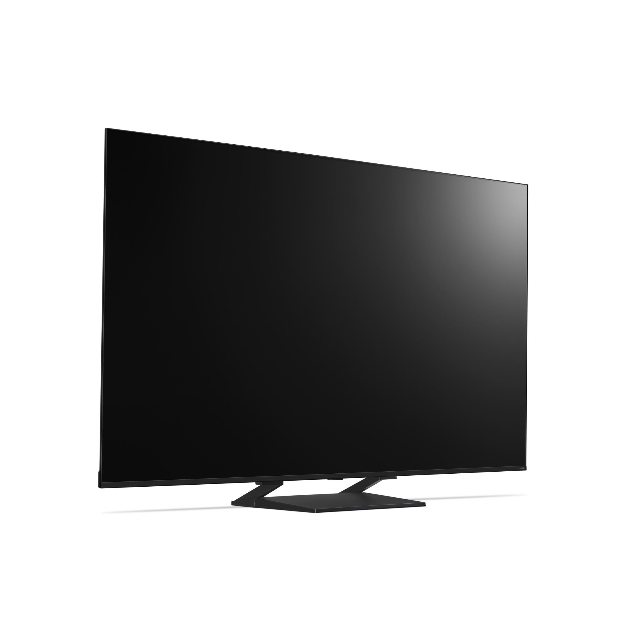 Ein schwarzer Fernseher mit einem schmalen Rahmen und einem modernen Ständer.