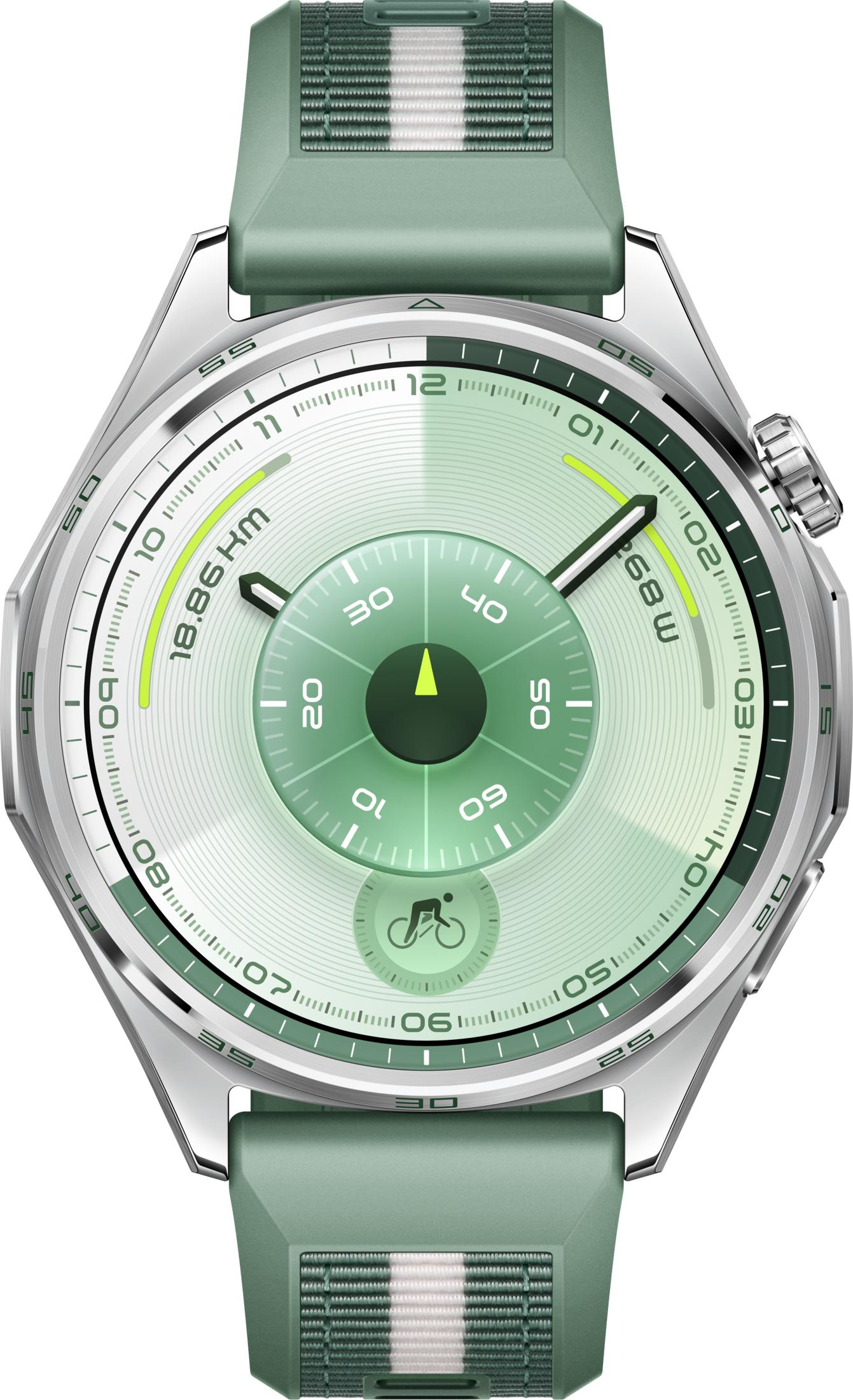 Green smartwatch with silver casing and cycling icon on the dial.
