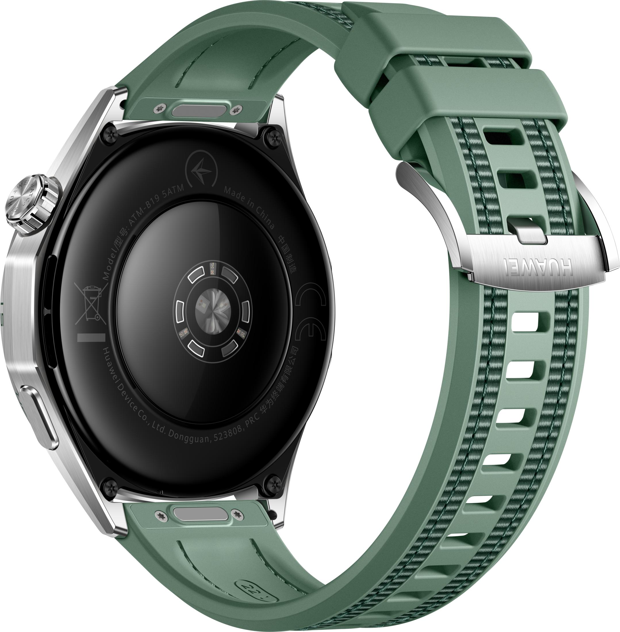 Green smartwatch with silver casing and Huawei logo on the clasp.