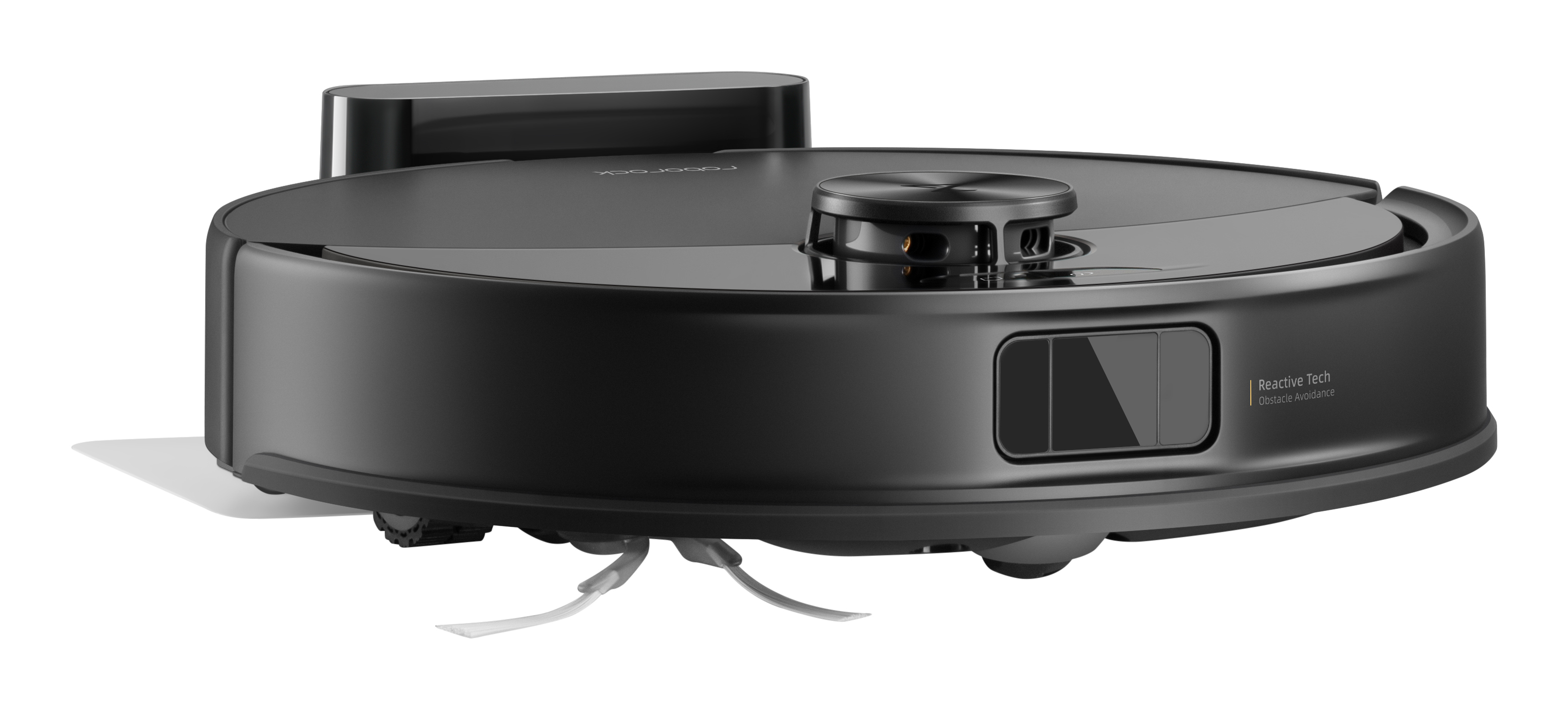 Czarny robot sprzątający z obrotowymi szczotkami i wieżą lidar.