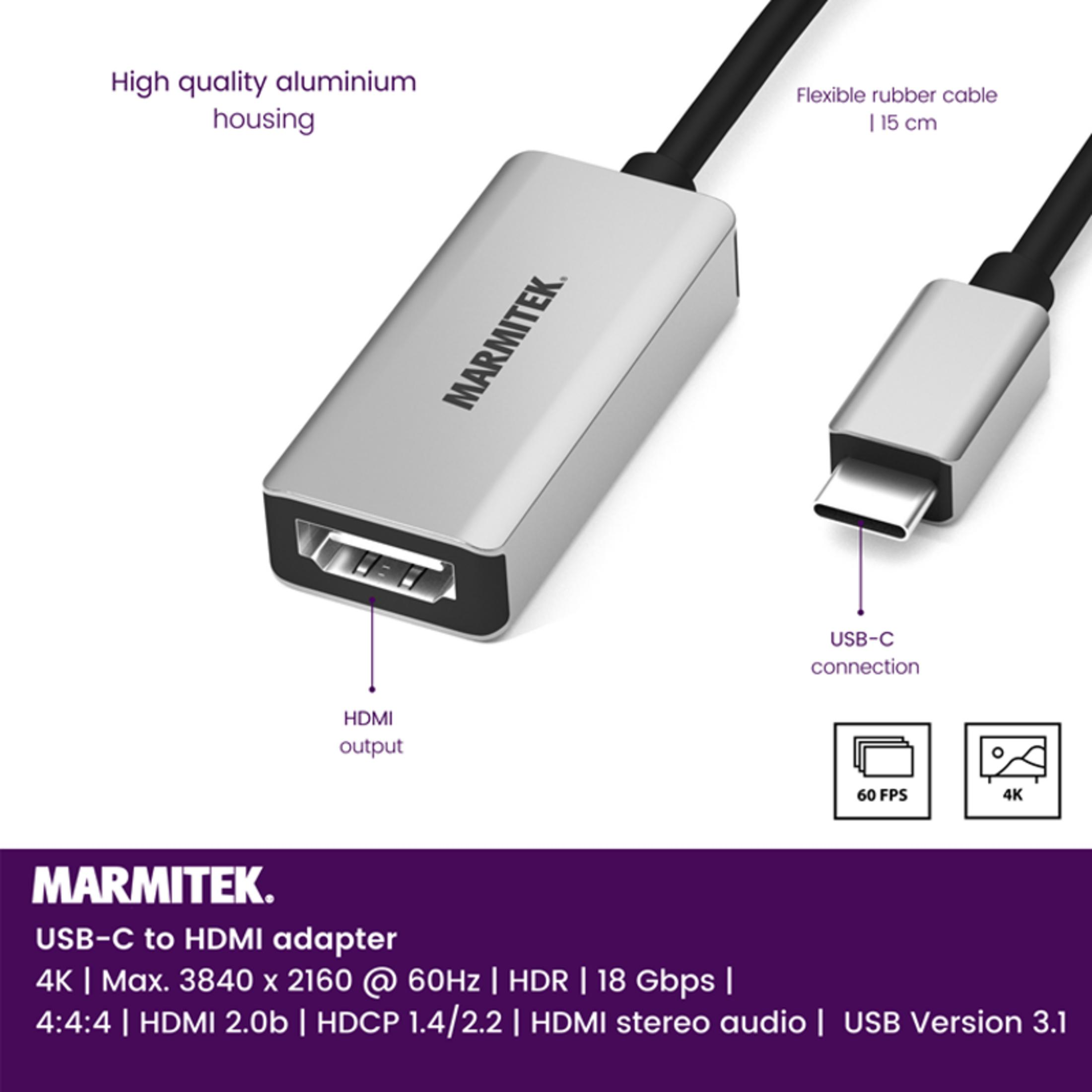 Adattatore Marmitek da USB-C a HDMI con cavo da 15cm, 4K, 60 FPS.