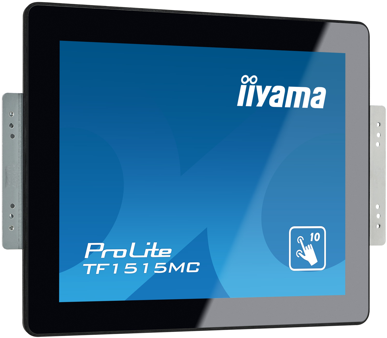 Czarny monitor Iiyama ProLite TF1515MC z niebieskim ekranem wyświetlającym markę i model.