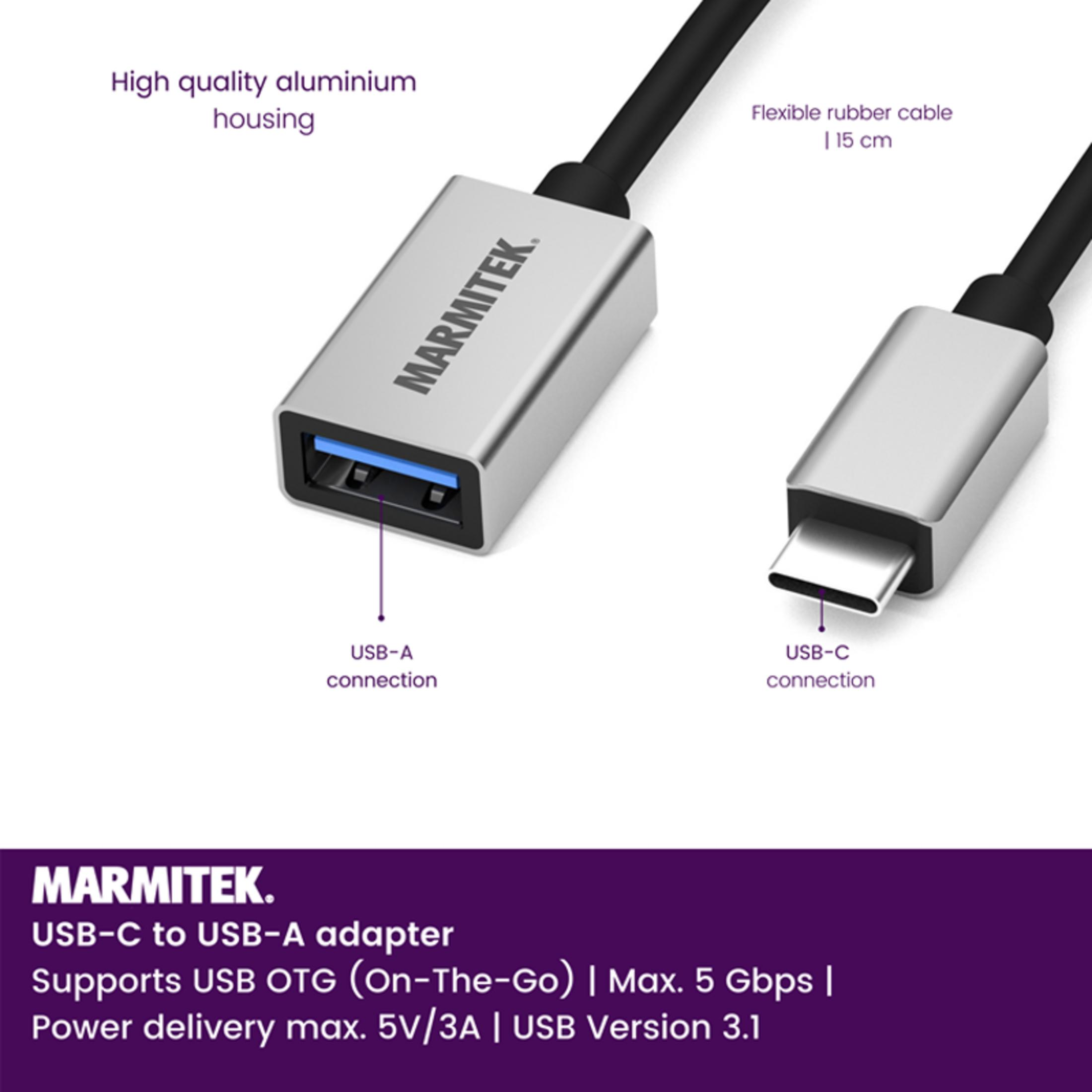 Marmitek USB-C to USB-A adapter with aluminum housing and flexible cable.
