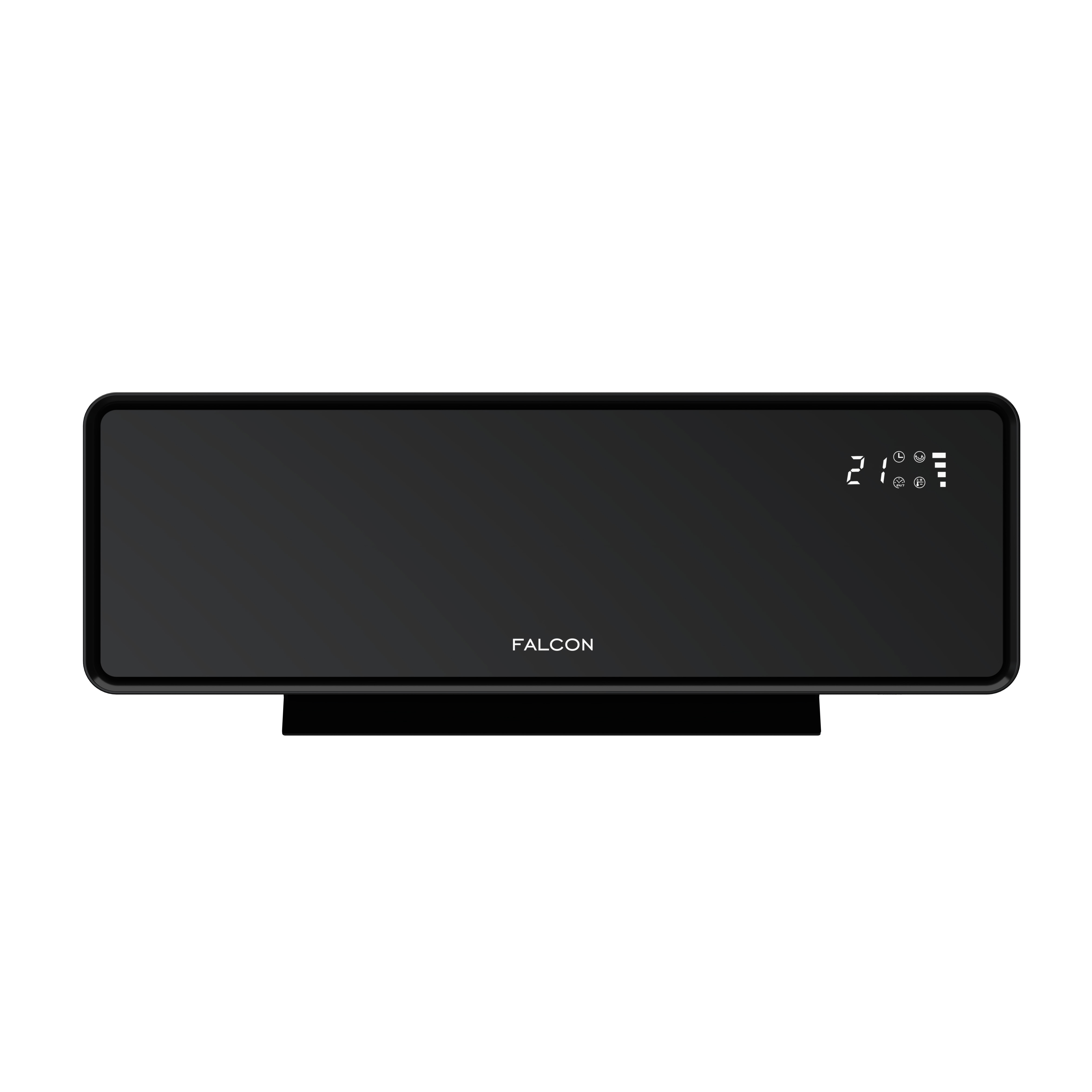 Calentador negro con pantalla digital que muestra 21 grados e iconos.