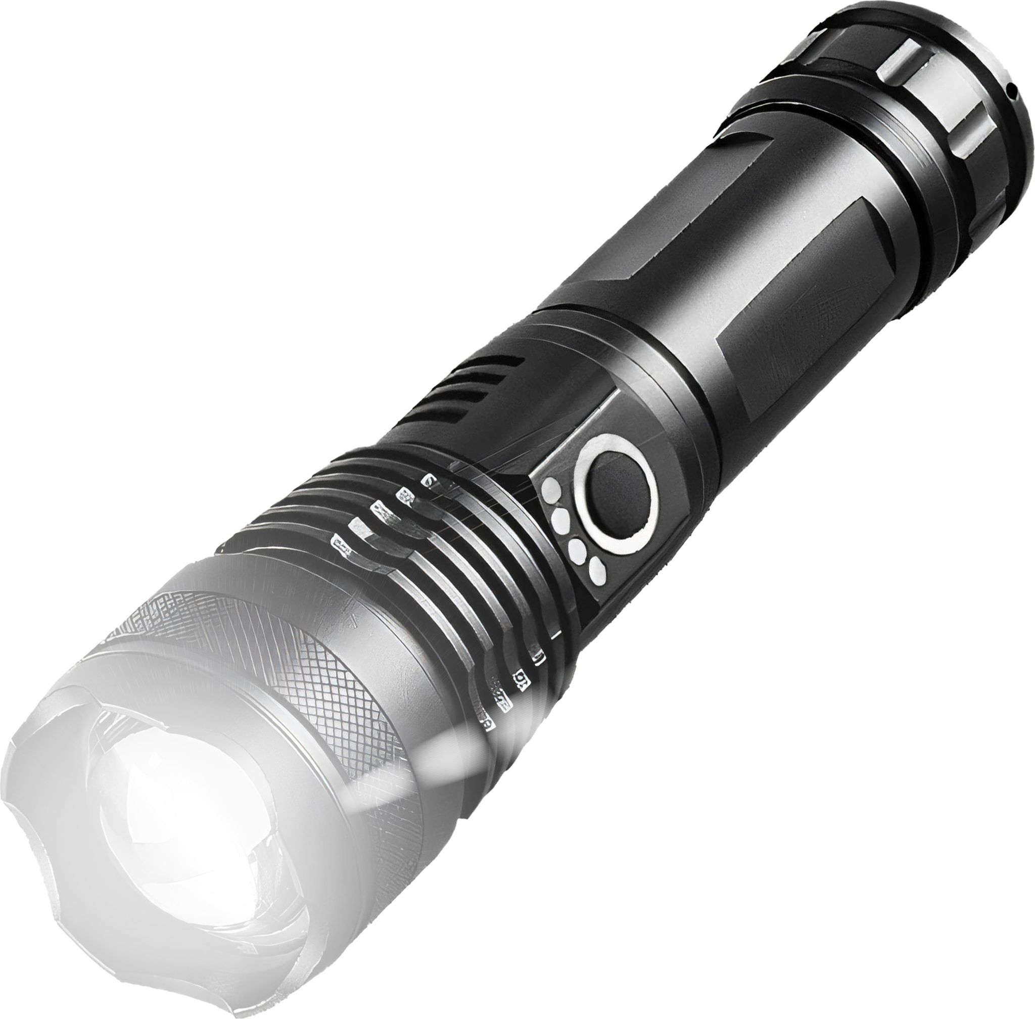 Eine schwarze Taschenlampe mit einem hellen Lichtstrahl leuchtet nach links.