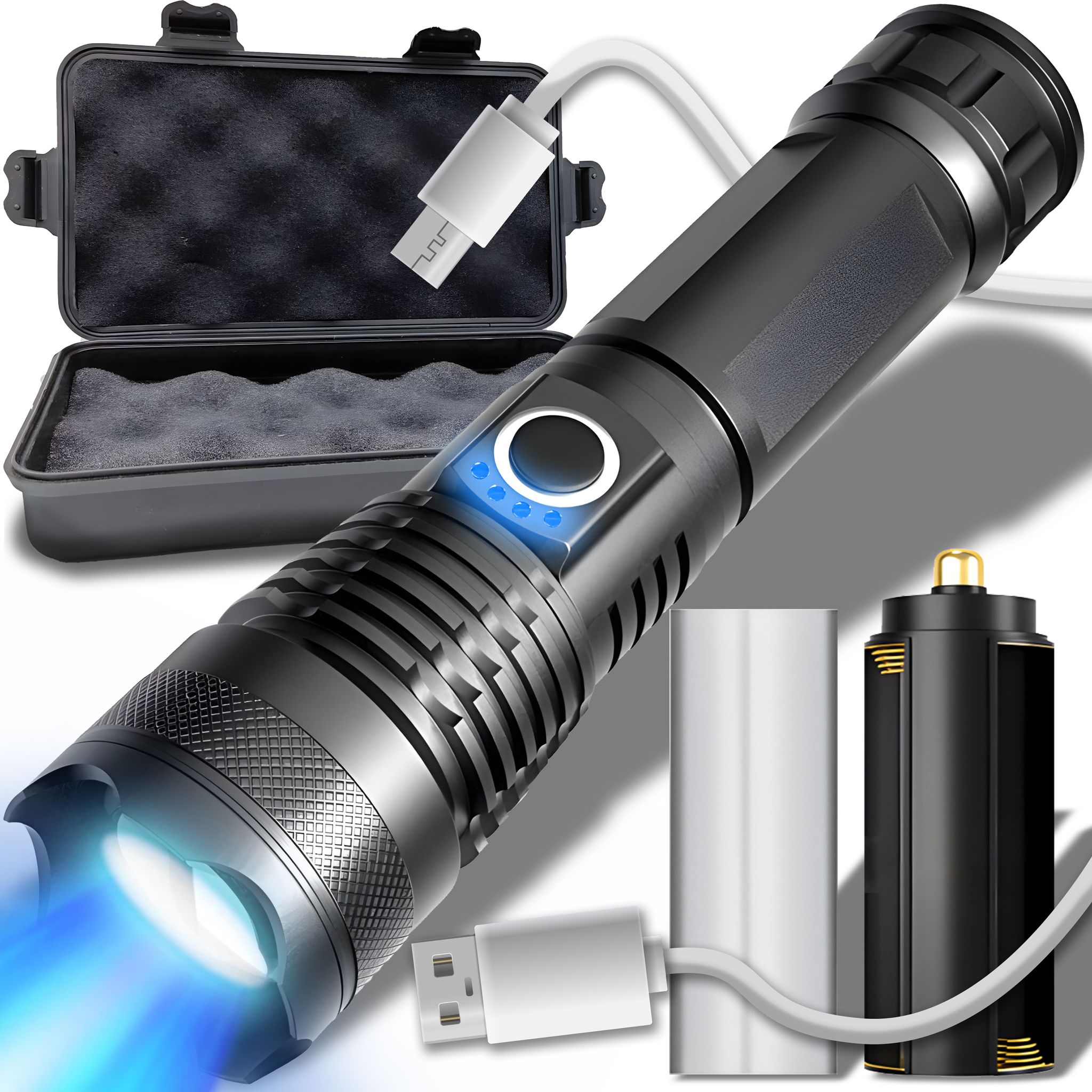 Schwarze Taschenlampe mit blauem Lichtstrahl, USB-Kabel und Ersatzakku.