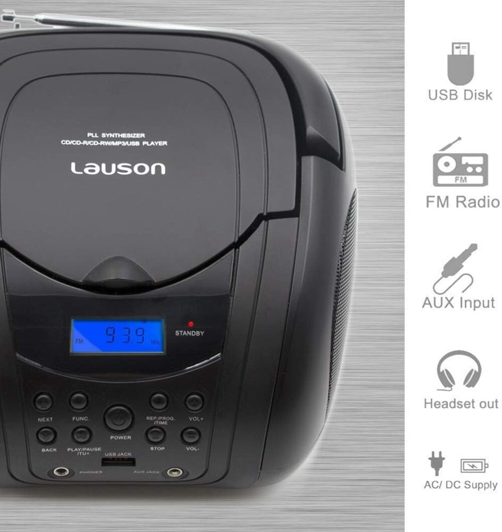 Reproductor de CD Lauson negro con radio FM, USB, entrada AUX, jack auriculares.