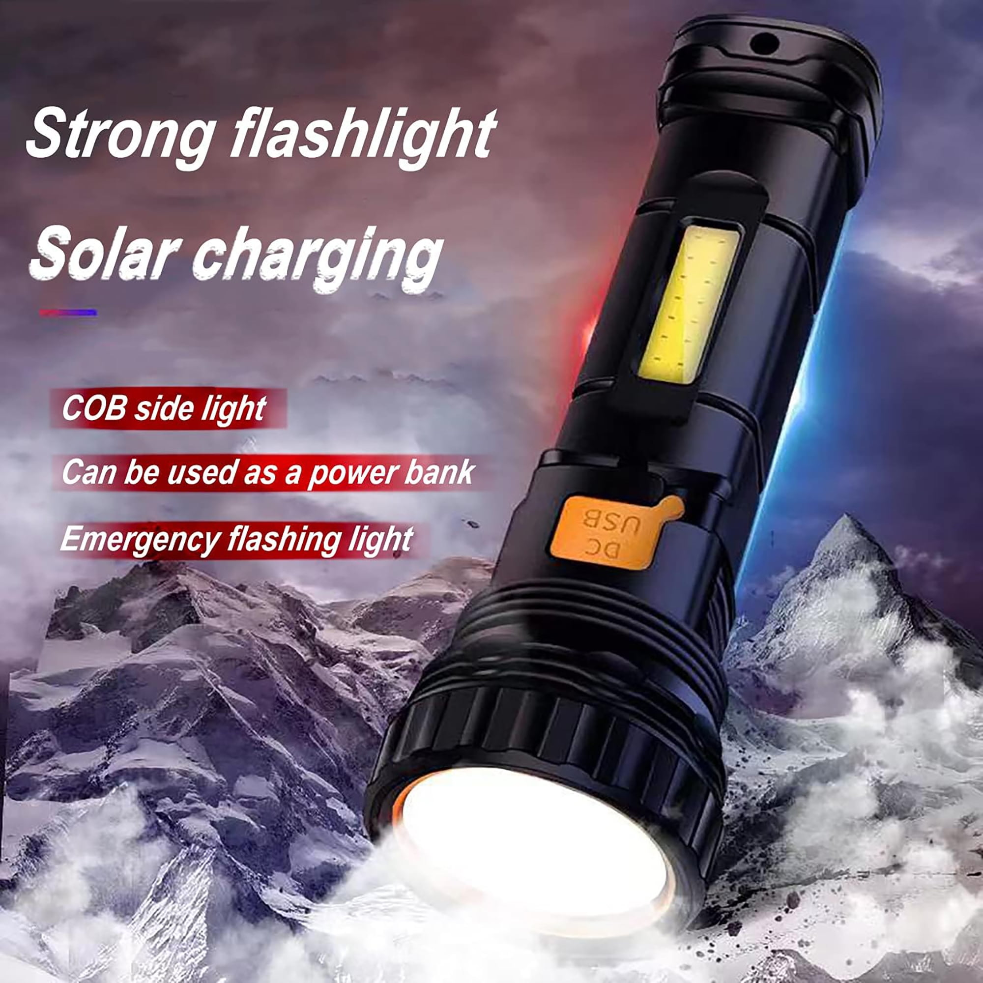 Eine schwarze Taschenlampe leuchtet hell vor schneebedeckten Bergen.