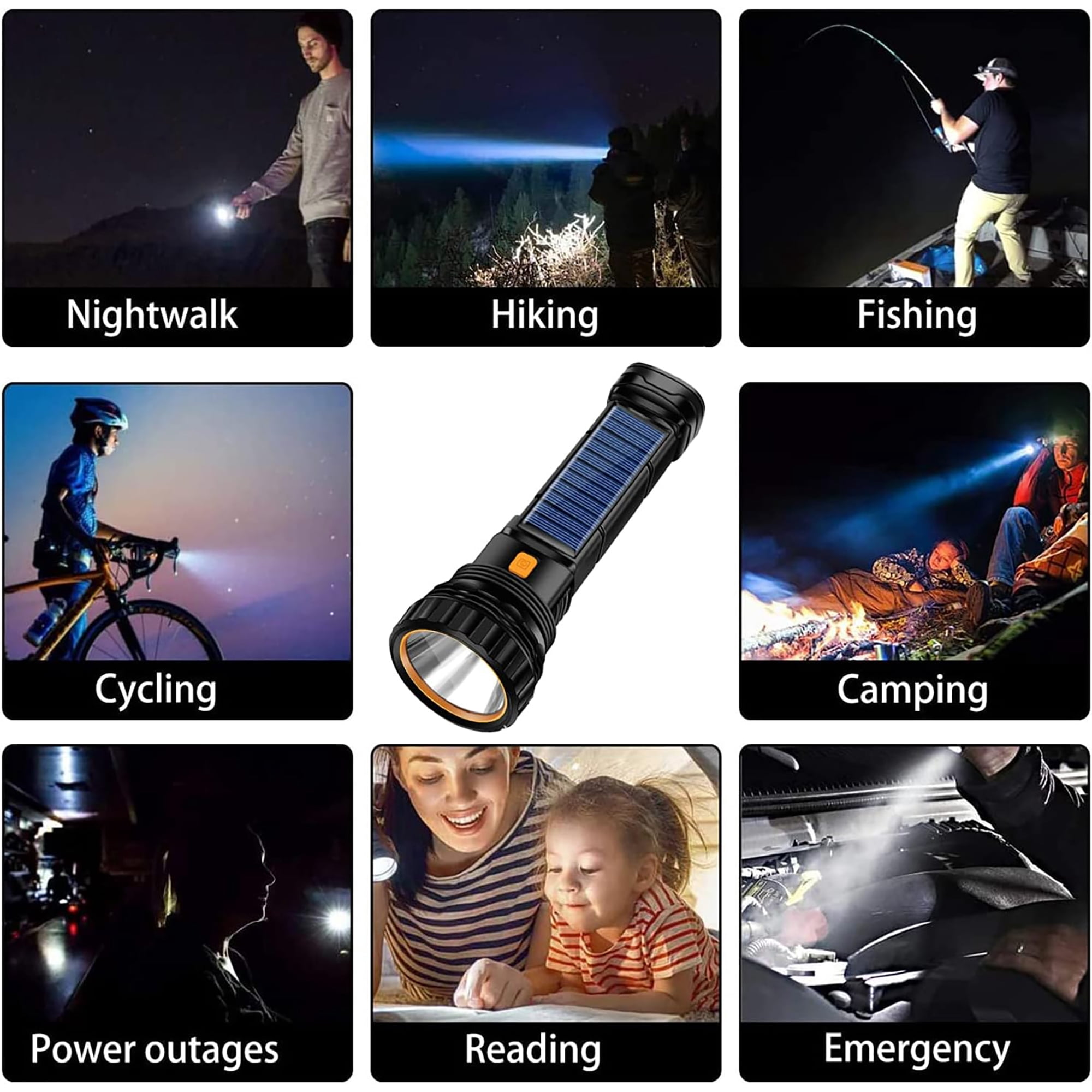Mann mit Taschenlampe bei Nacht, Wanderer mit Lichtstrahl, Angler im Boot, Radfahrer, Taschenlampe, Camper am Lagerfeuer, Stromausfall, Lesen, Motorraum.