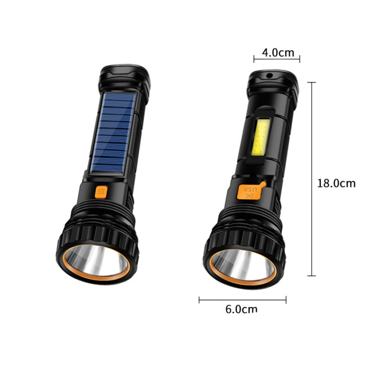 Zwei schwarze Taschenlampen, eine mit Solarpanel, Maße angegeben.