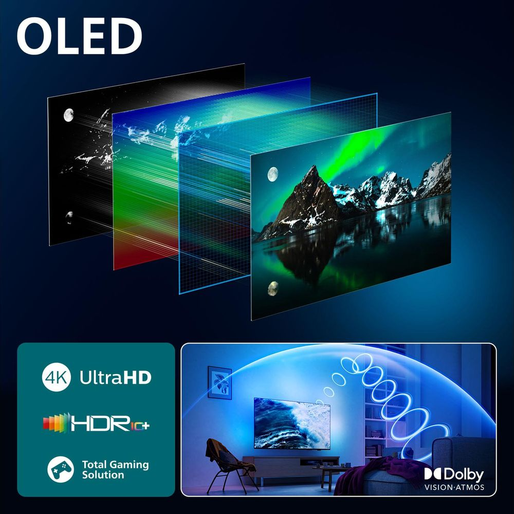 Technologia TV OLED z 4K UltraHD, HDR10+, grami. Pokazuje też Dolby Vision.