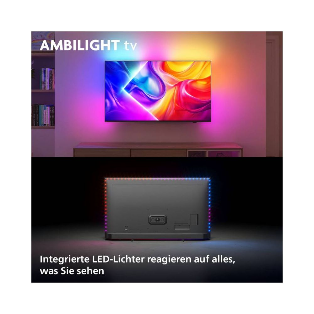 Telewizor Ambilight podświetla ścianę kolorowymi światłami. Tył pokazuje światła LED.