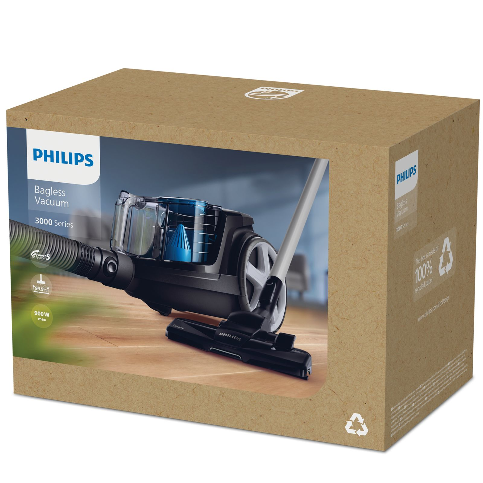Philips beutelloser Staubsauger Serie 3000 auf einem Karton. Mit PowerCyclone 5.