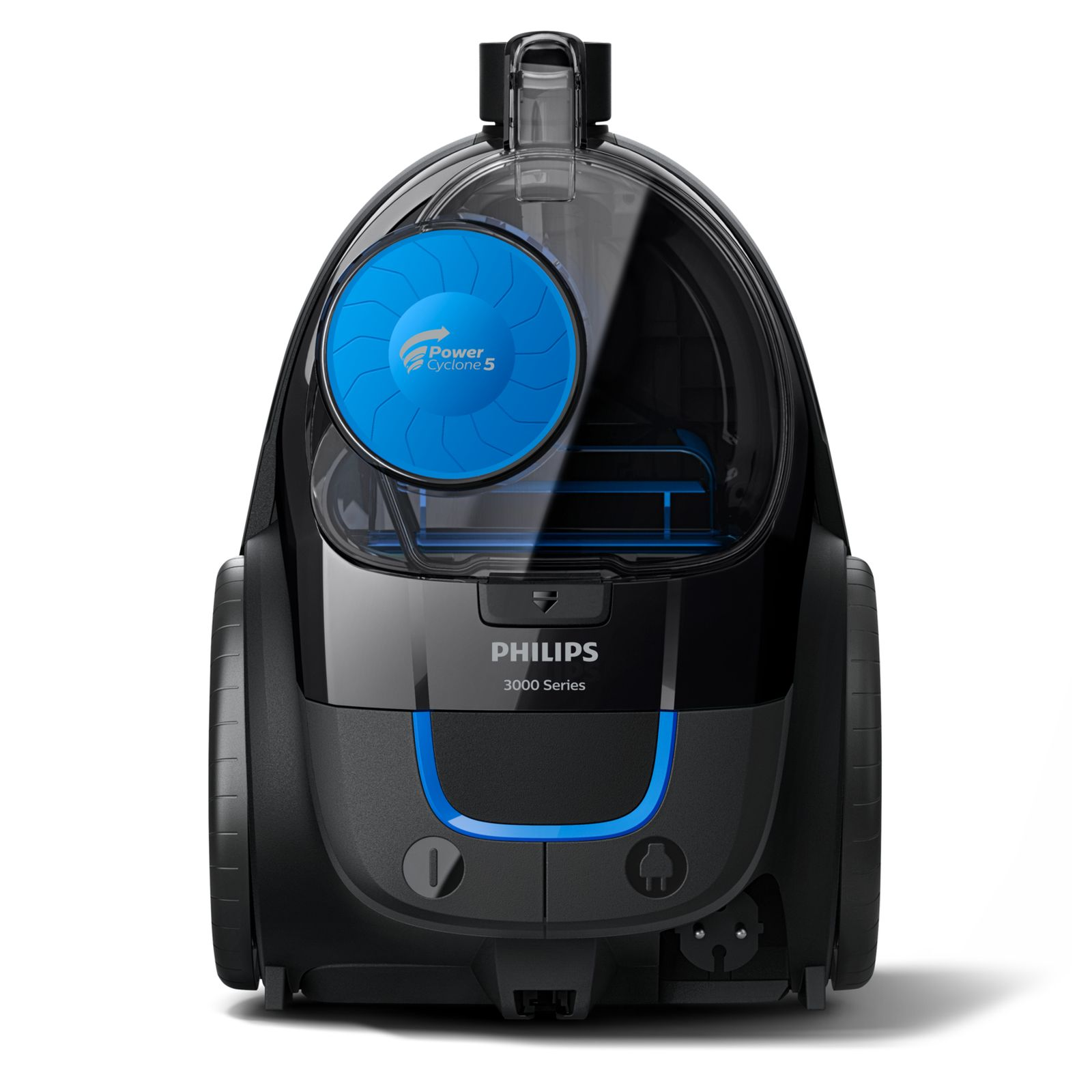 Schwarzer Philips Staubsauger mit blauen Akzenten und 
