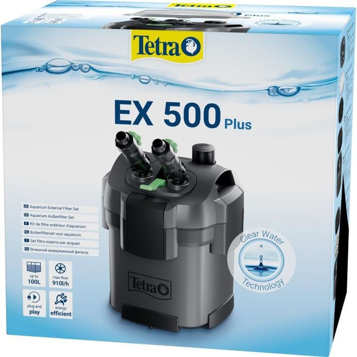 Tetra EX 500 Plus Aquarium Filter mit zwei Schläuchen und Bedienelementen.