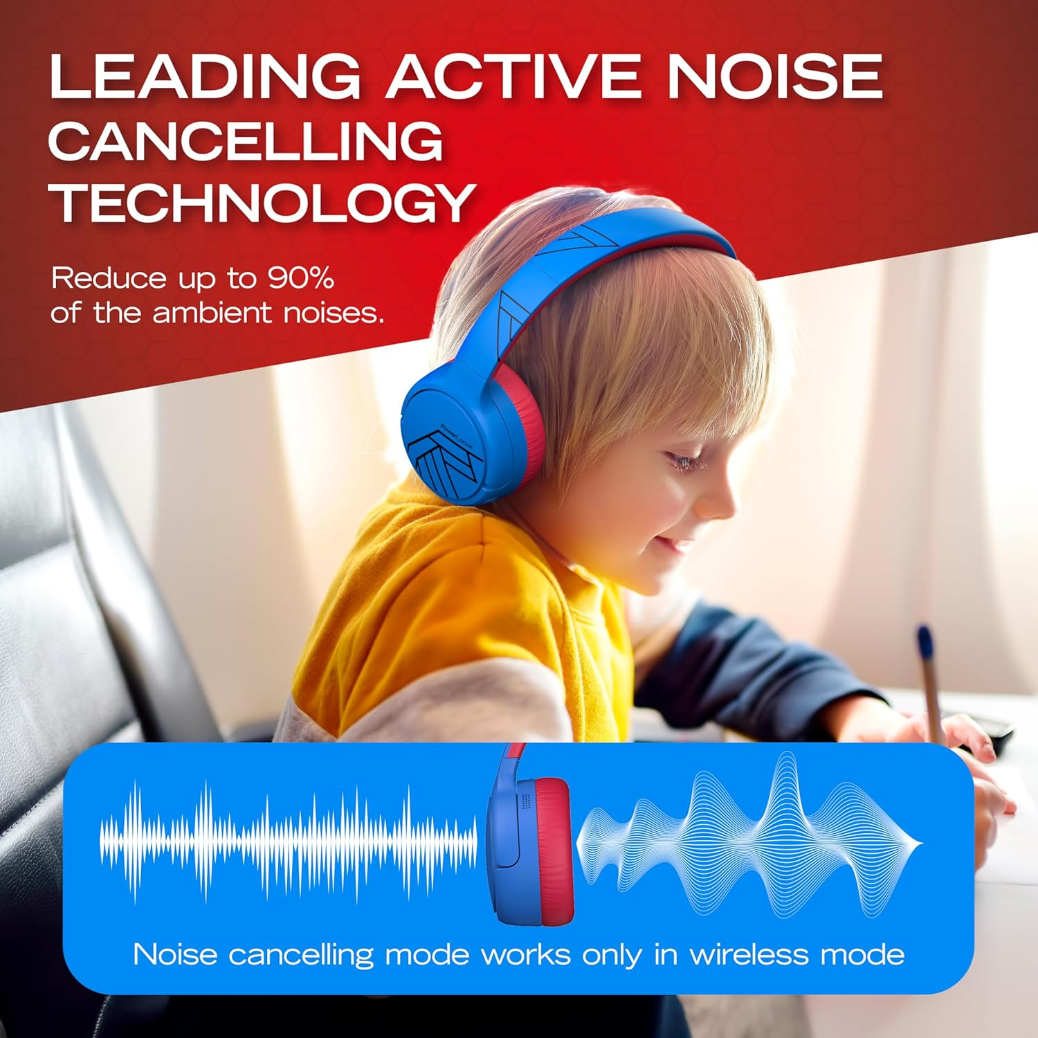 Un garçon portant des écouteurs bleus étudie. Un graphique d'ondes sonores est affiché.