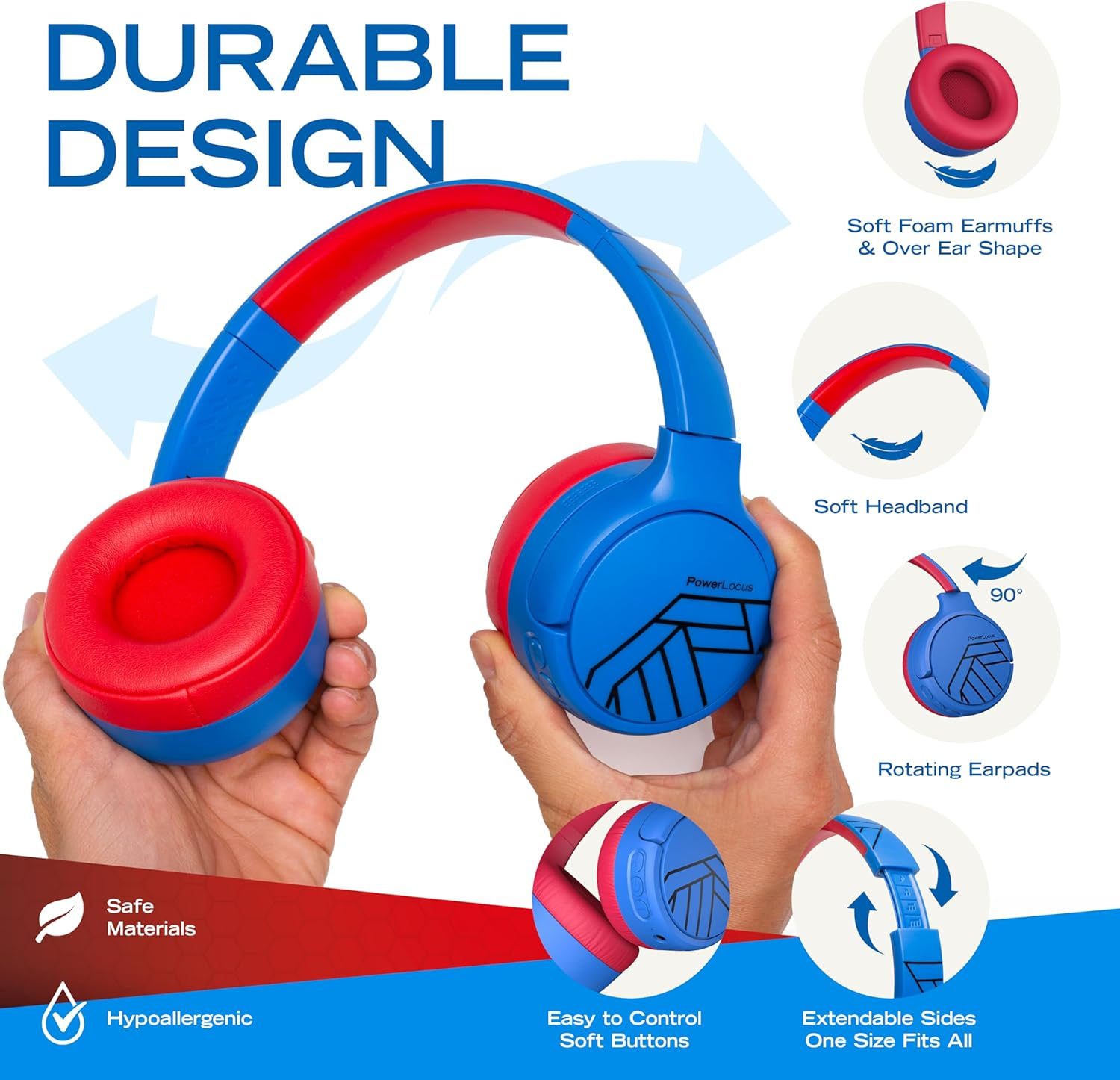 Casque bleu et rouge avec coussinets doux et serre-tête réglable.