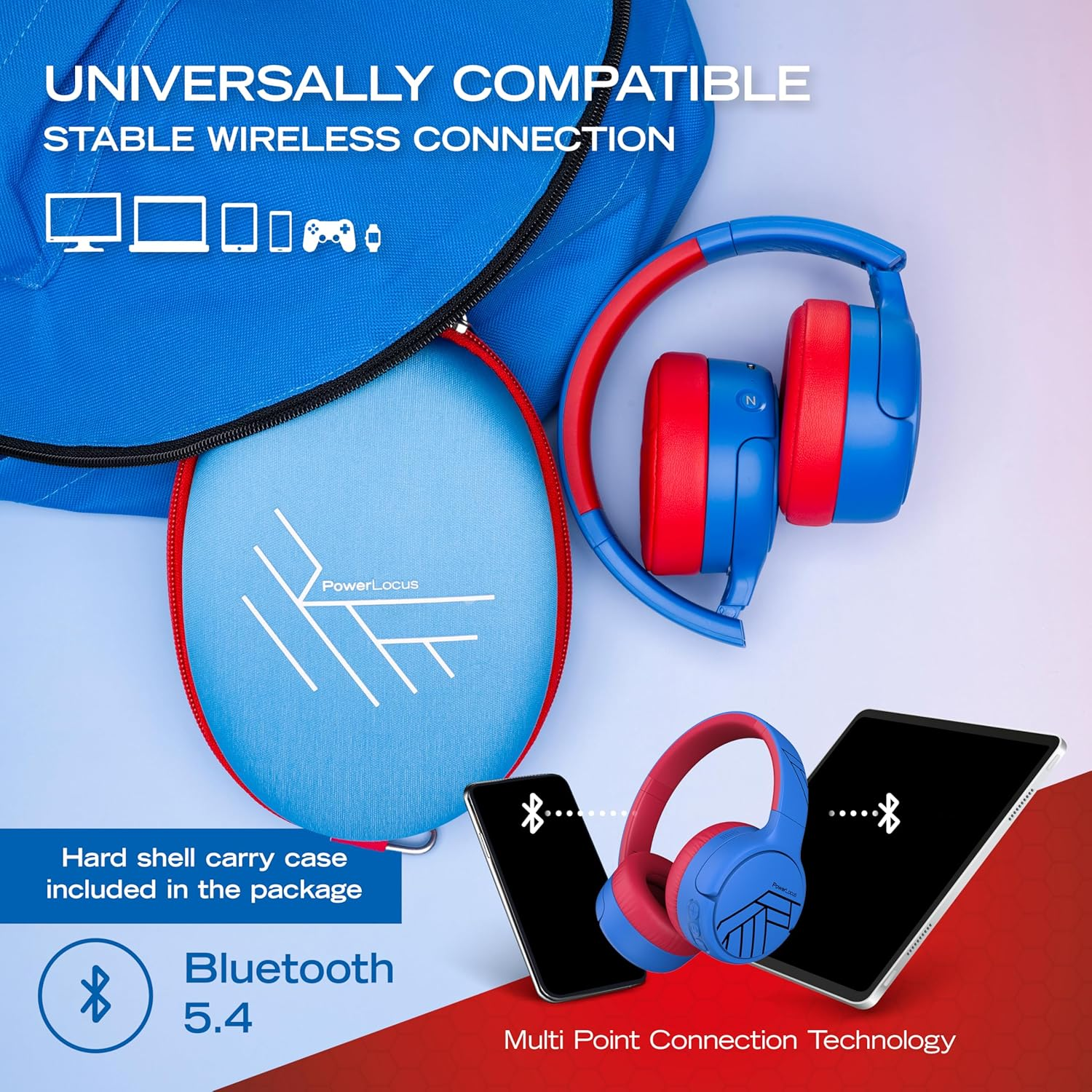 Casque bleu et rouge avec étui, smartphone et tablette.