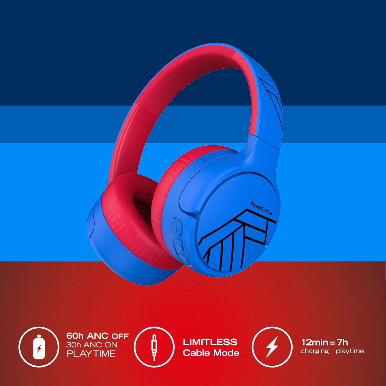 Casque bleu et rouge avec infos de charge et mode câble.