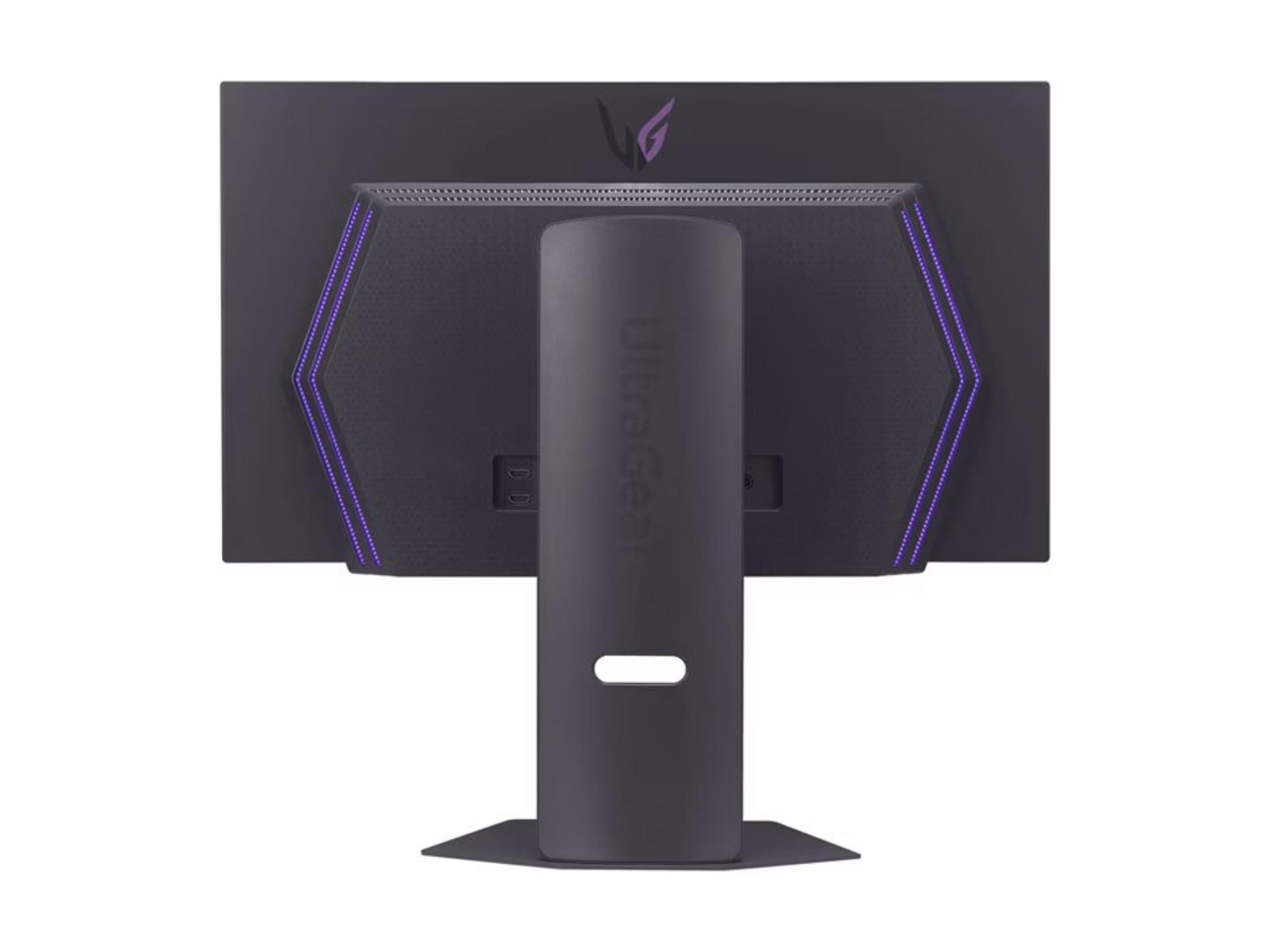 Back view of a black monitor with purple accents and LG UltraGear logo.