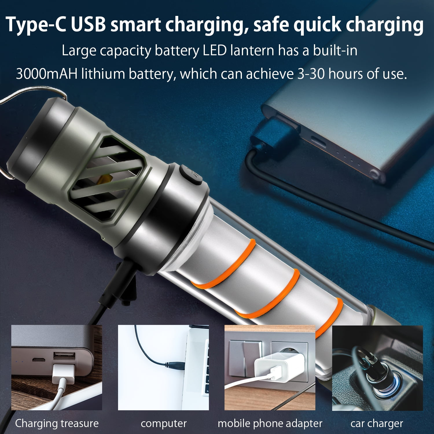 Graues LED-Licht wird mit einem Powerbank, Computer, Netzteil und Ladegerät geladen.