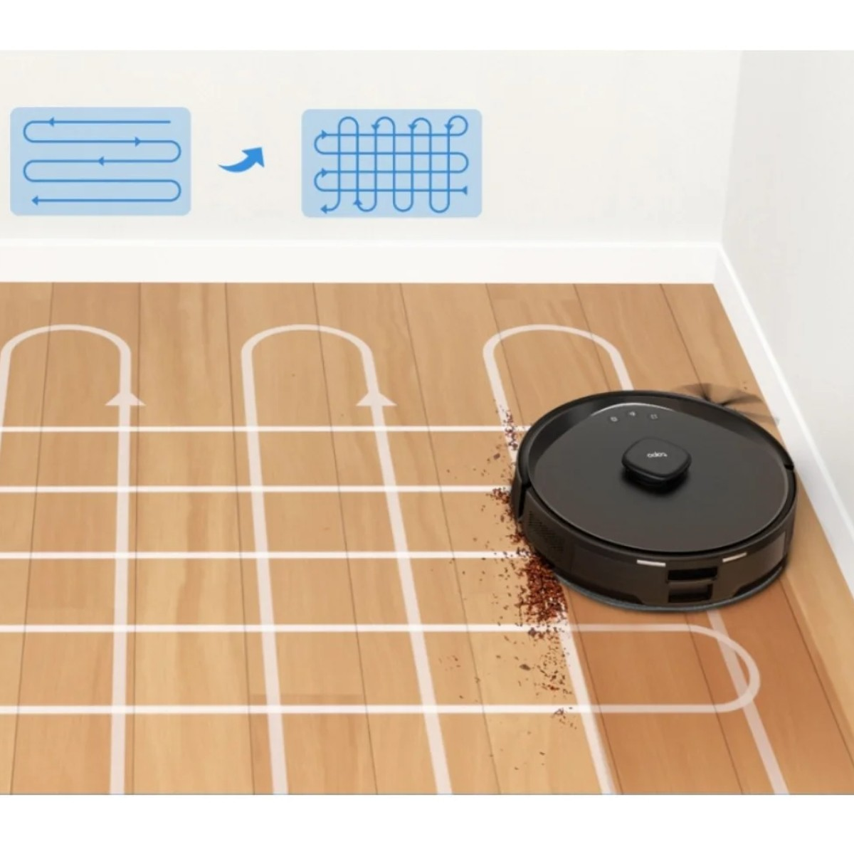Czarny robot sprzątający czyści drewnianą podłogę. Powyżej pokazano wzory sprzątania.
