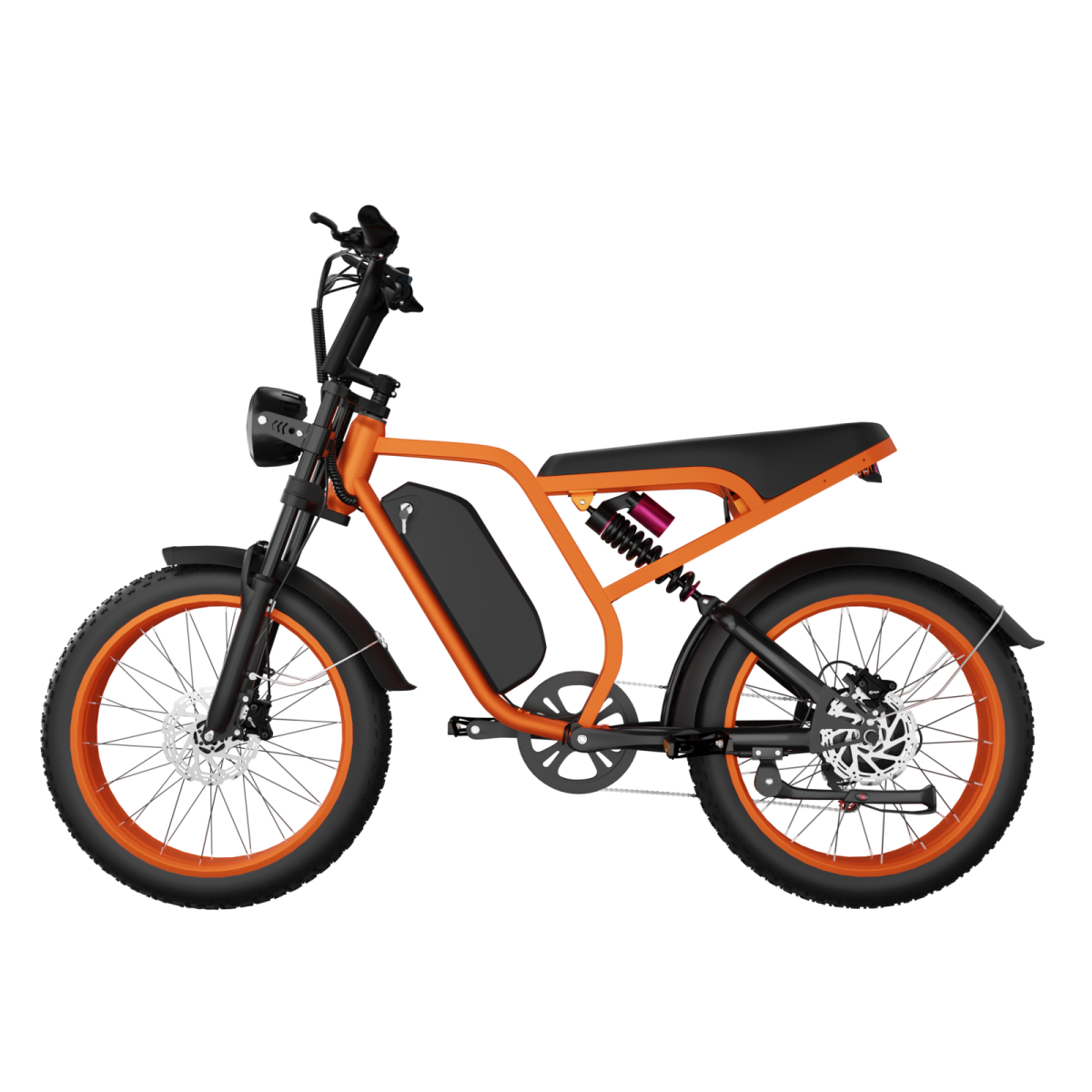 Pomarańczowy rower elektryczny z grubymi oponami i czarnym siodełkiem.