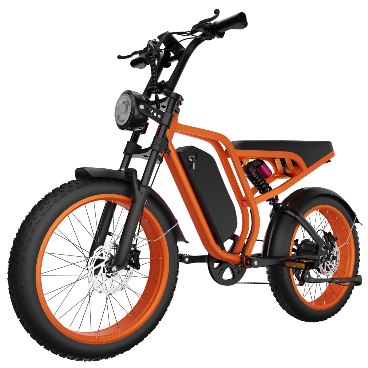 Pomarańczowy rower elektryczny z grubymi oponami, czarnym siodełkiem i amortyzacją.
