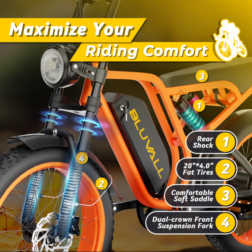 Pomarańczowy rower elektryczny z grubymi oponami, widelcem, amortyzatorem.