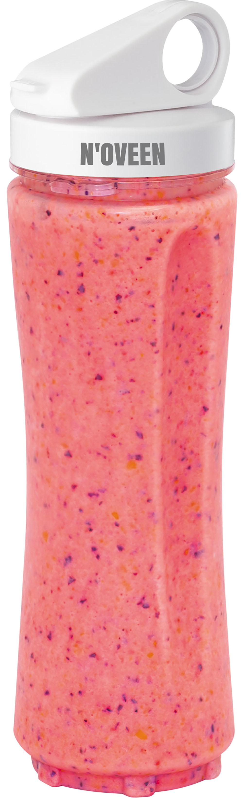 Różowy koktajl z kawałkami owoców w przezroczystym pojemniku z białym wieczkiem.